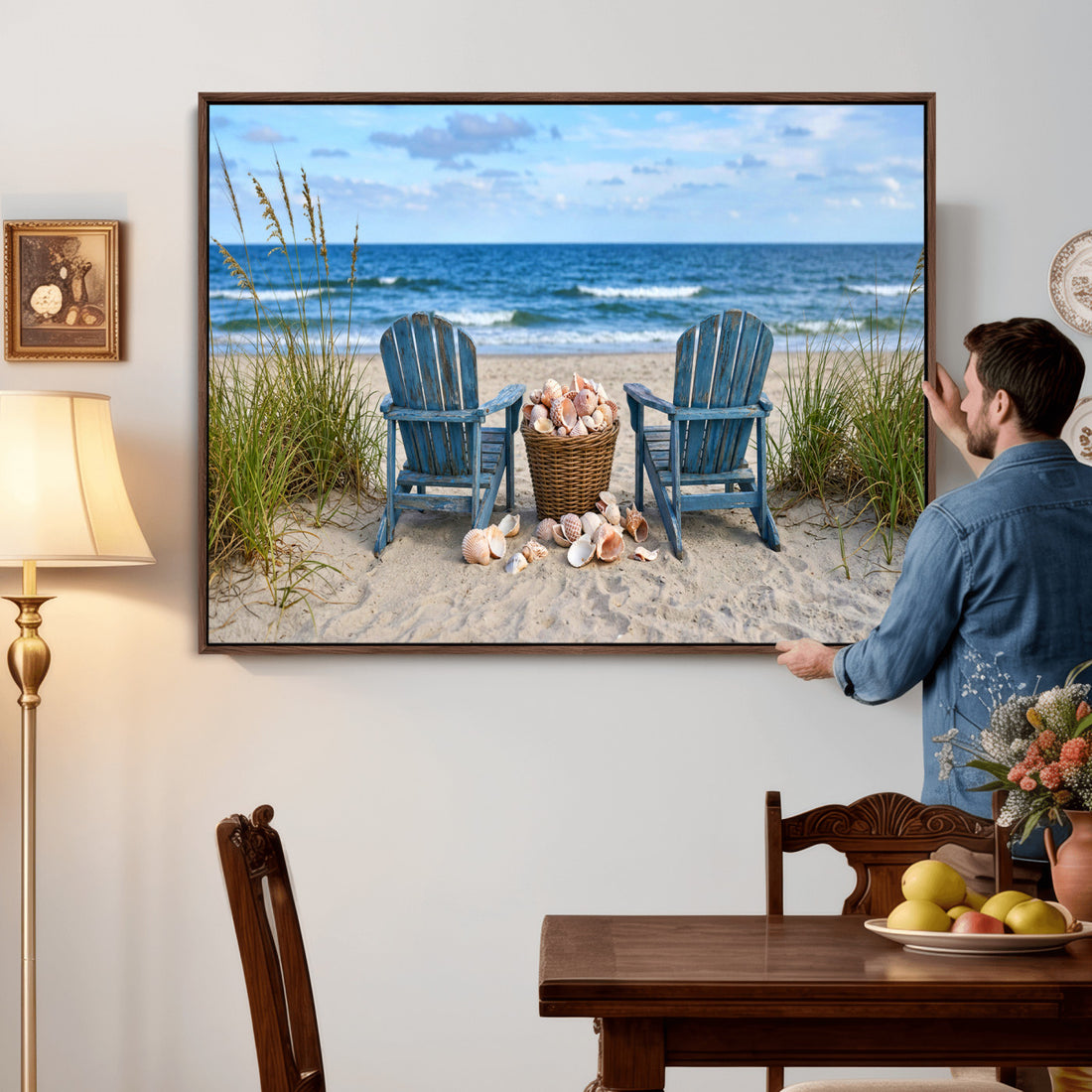 Large Beach Canvas Wall Art, Coastal Adirondack Chairs, Ocean Seashells Decor