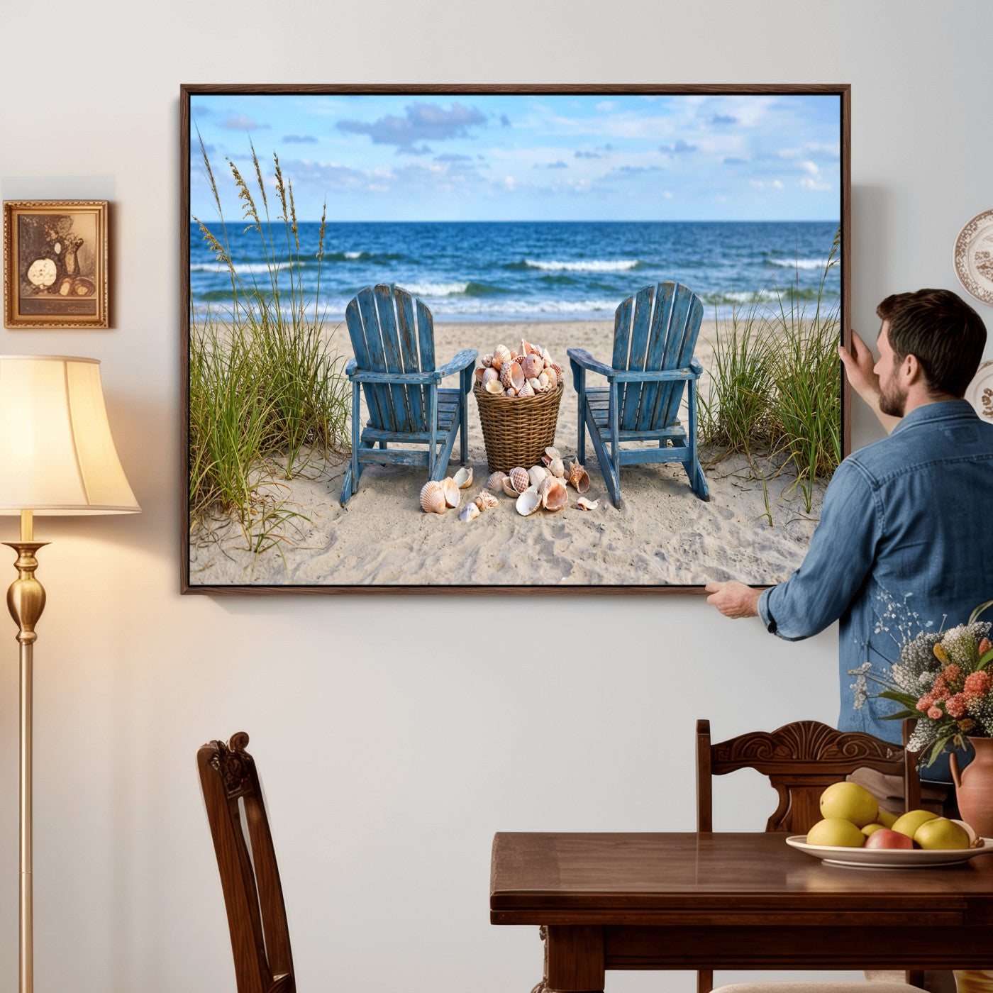 80268829-MGV-CV-36X24 - Large Beach Canvas Wall Art Coastal Adirondack Chairs Ocean Seashells Blue Nautical Framed Large for Living Room Bedroom Bathroom Decor