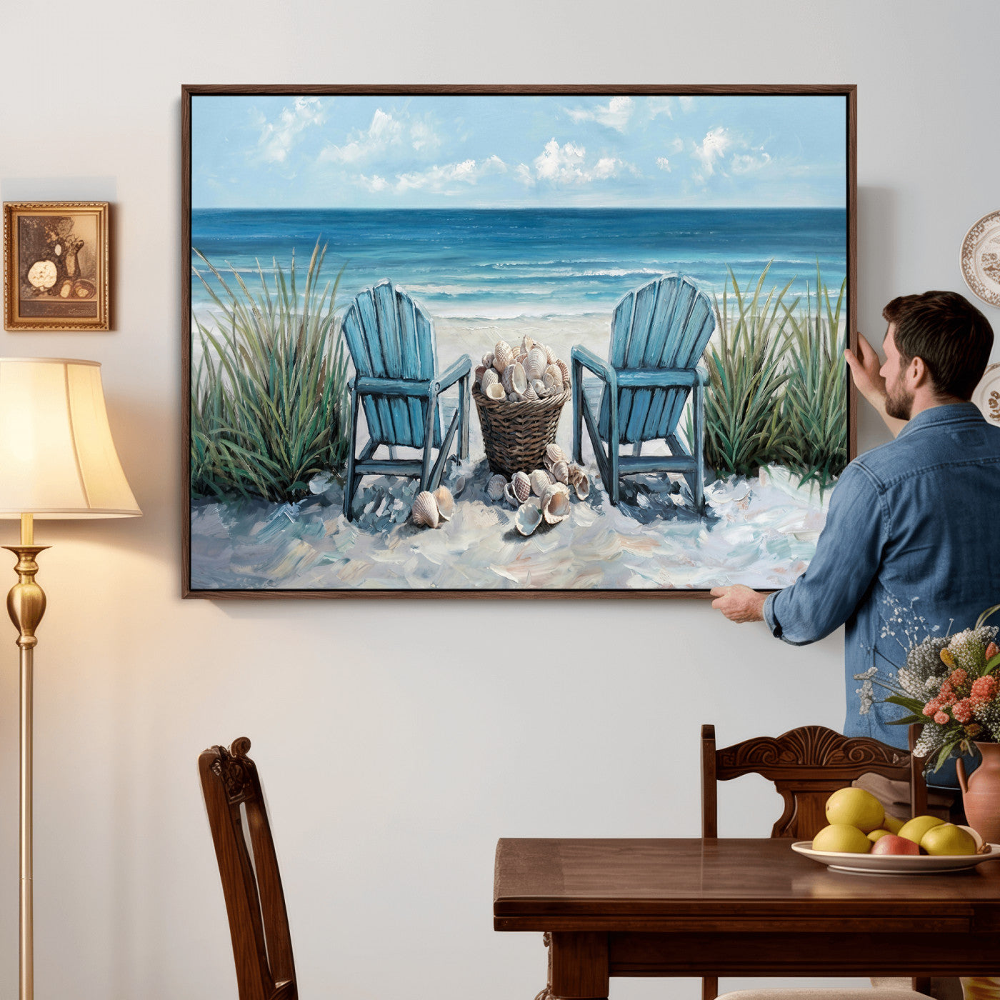 11973028-MGV-CV-36X24 - Beach Canvas Wall Art Coastal Adirondack Chairs Ocean Seashells Blue Nautical Framed Large for Living Room Bedroom Bathroom Decor