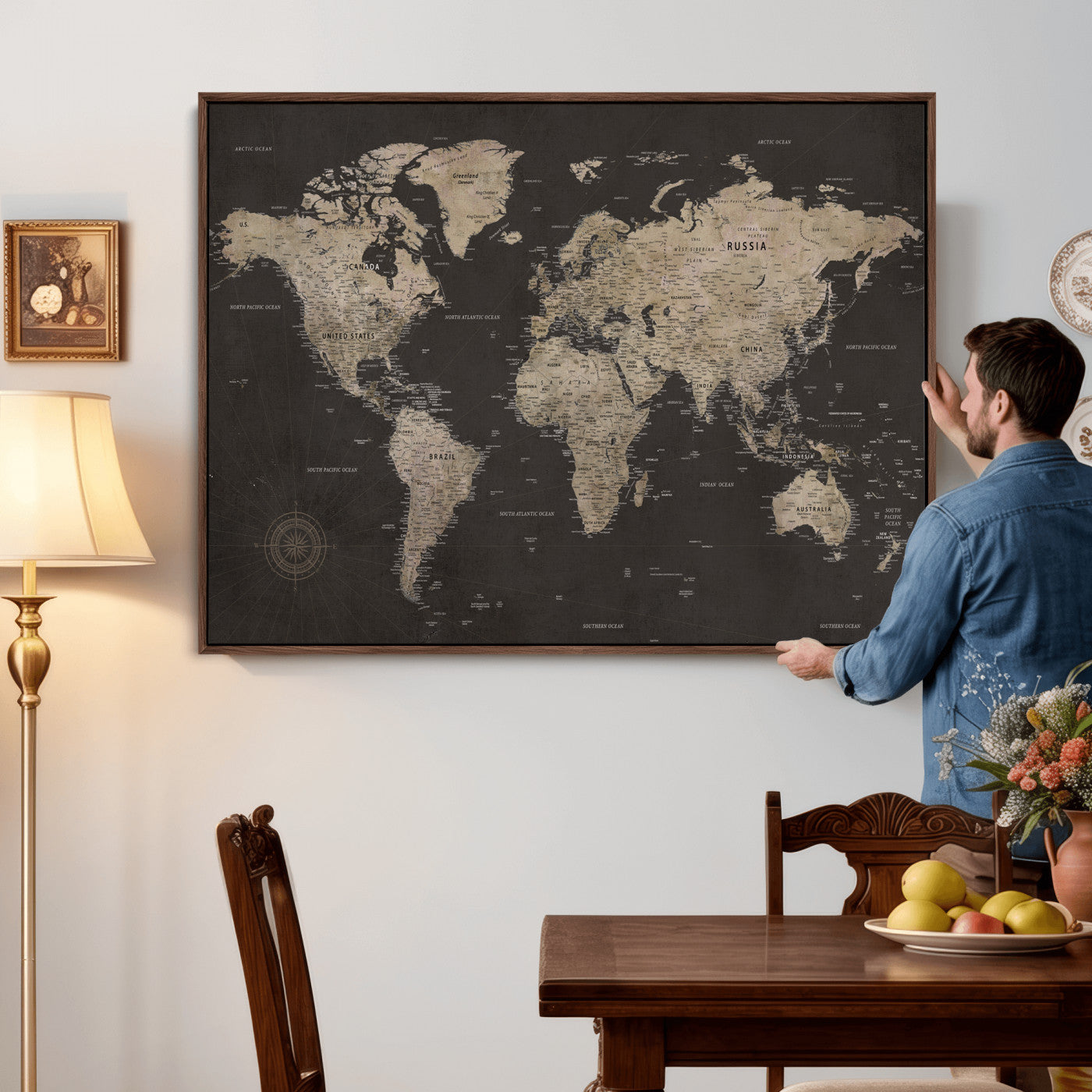 56556018136-MGV-CV-36X24 - World Map Canvas Wall Art Dark Charcoal Antique Tan Detailed Every Country Labeled Framed Large for Home Office Living Room Bedroom Decor