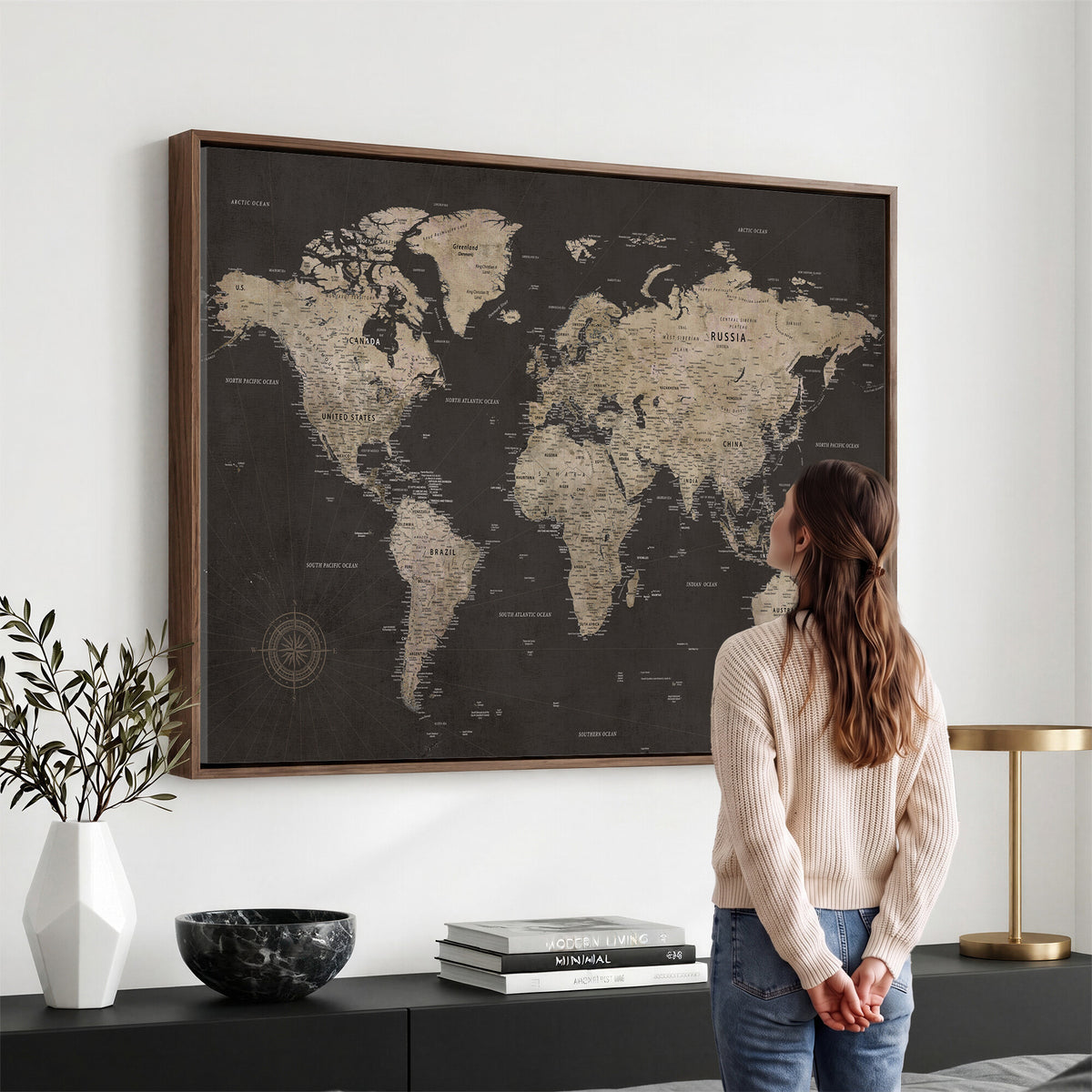 56556018136-MGV-CV-36X24 - World Map Canvas Wall Art, Dark Charcoal and Antique Tan Detailed Map