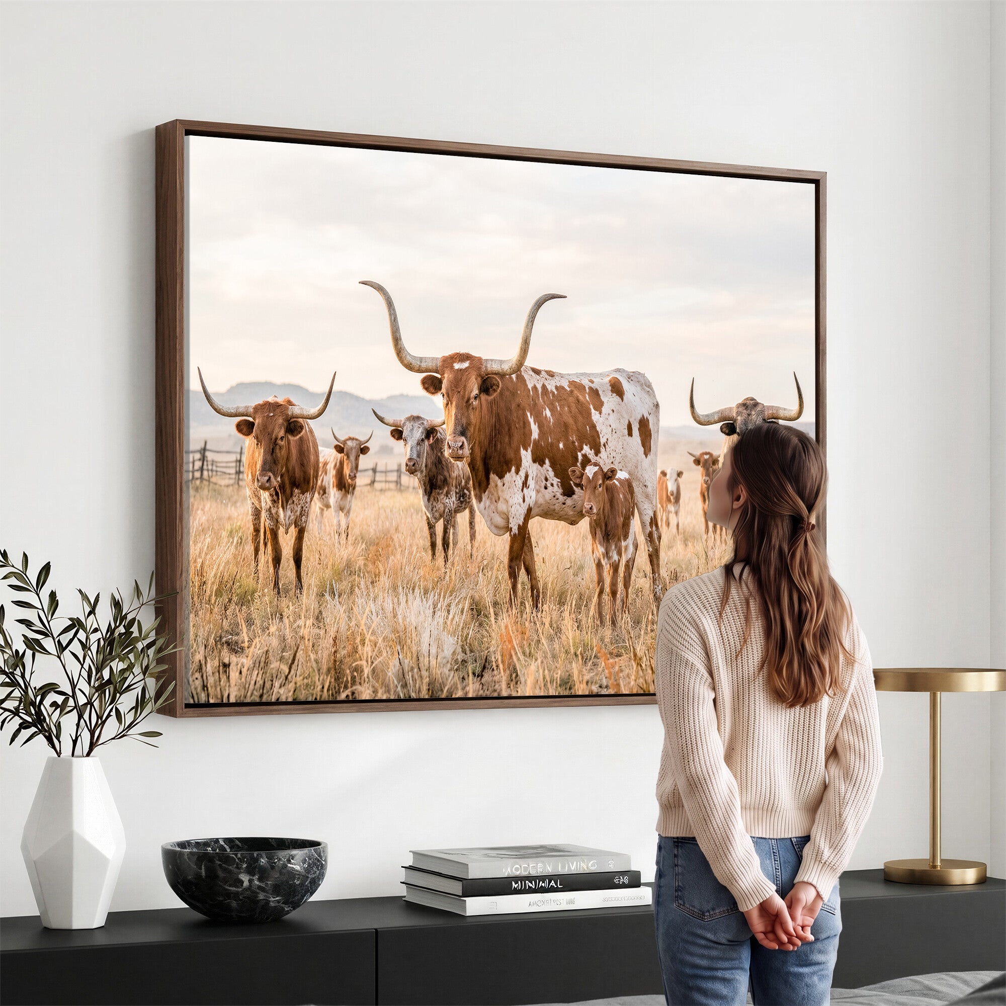 62336425AC-MGV-CV-36X24 - Texas Longhorn Canvas Wall Art, Rustic Farm Animal Photography Print, Farmhouse Country Decor, Western Ranch Art