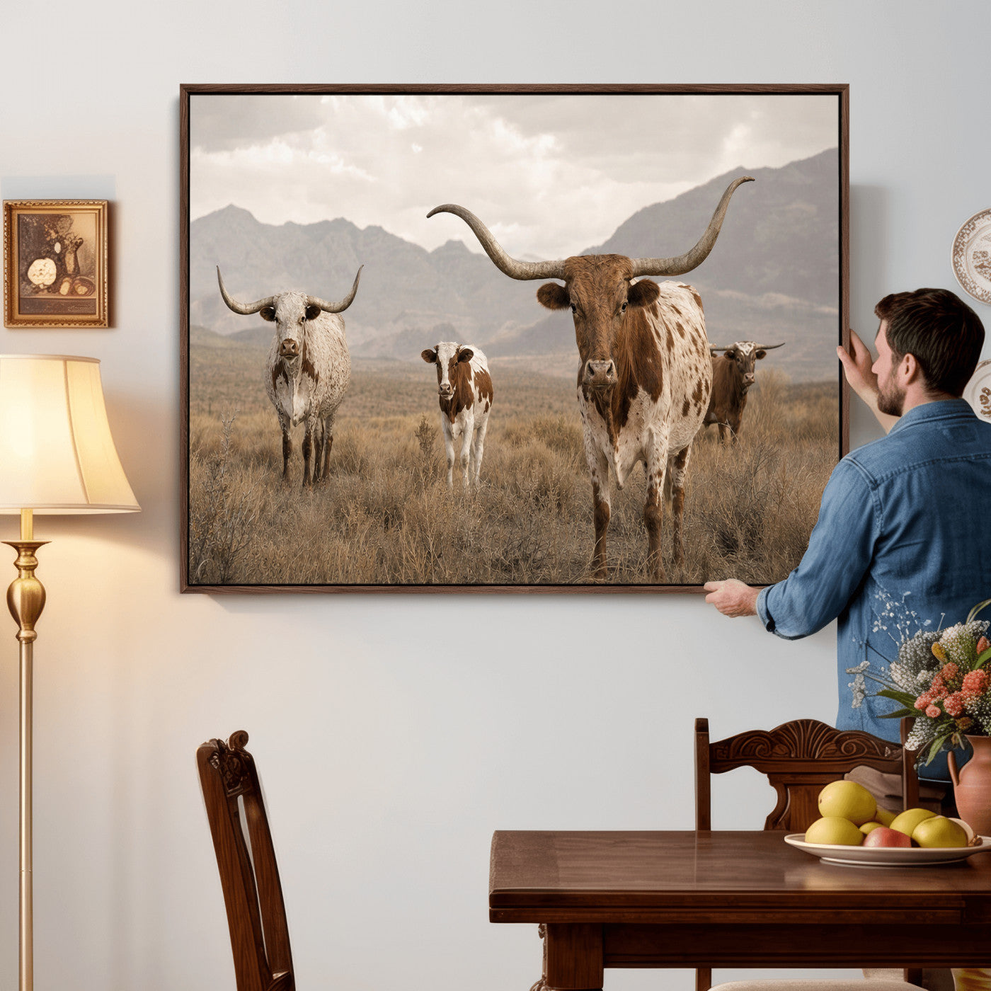 62336425AD-MGV-CV-36X24 - Rustic Texas Longhorn Cow Canvas Wall Art Print, Rustic Farm Animal Photography Print, Farmhouse Country Decor, Western Ranch Art