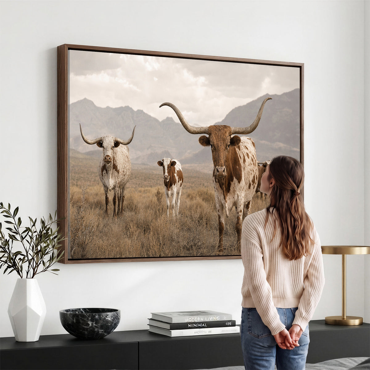 62336425AD-MGV-CV-36X24 - Rustic Texas Longhorn Cow Canvas Wall Art Print, Rustic Farm Animal Photography Print, Farmhouse Country Decor, Western Ranch Art