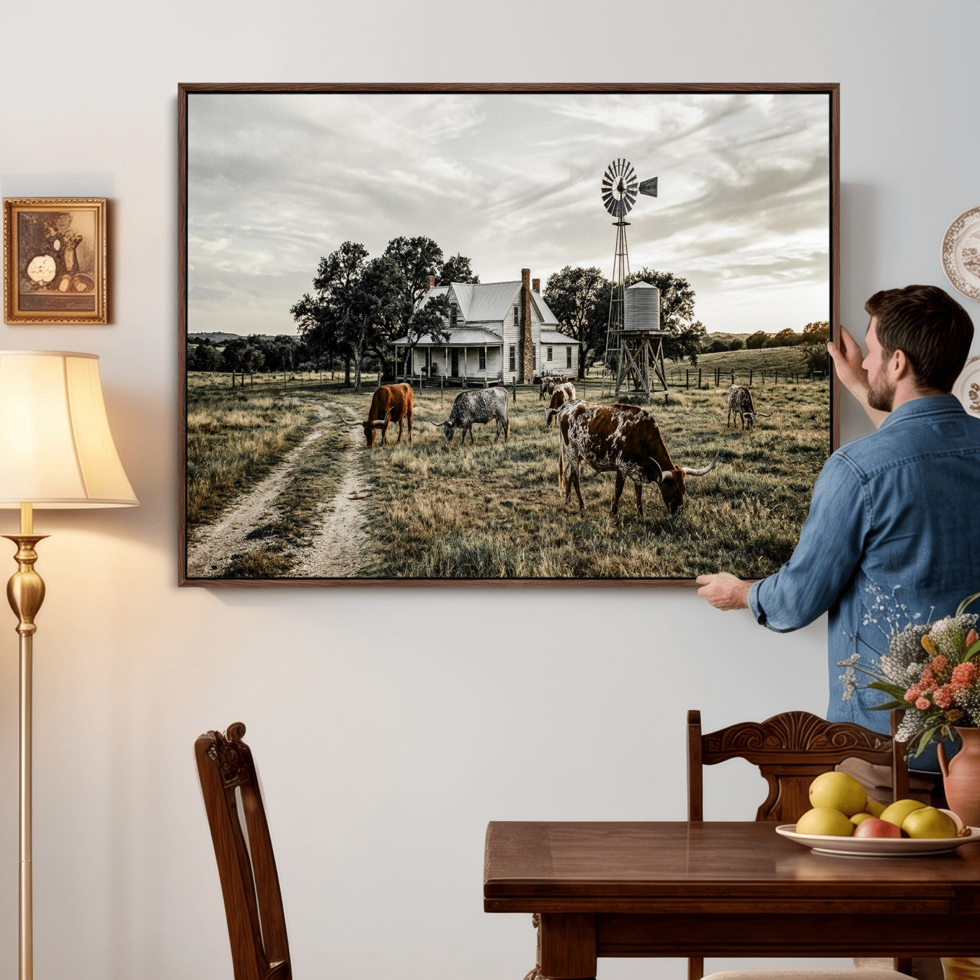 92429425-MGV-CV-36X24 - Texas Longhorn Ranch Wall Art Canvas Print, Rustic Western Farmhouse Decor, Country Landscape Canvas Wall Art, Vintage Cowboy Ranch Picture