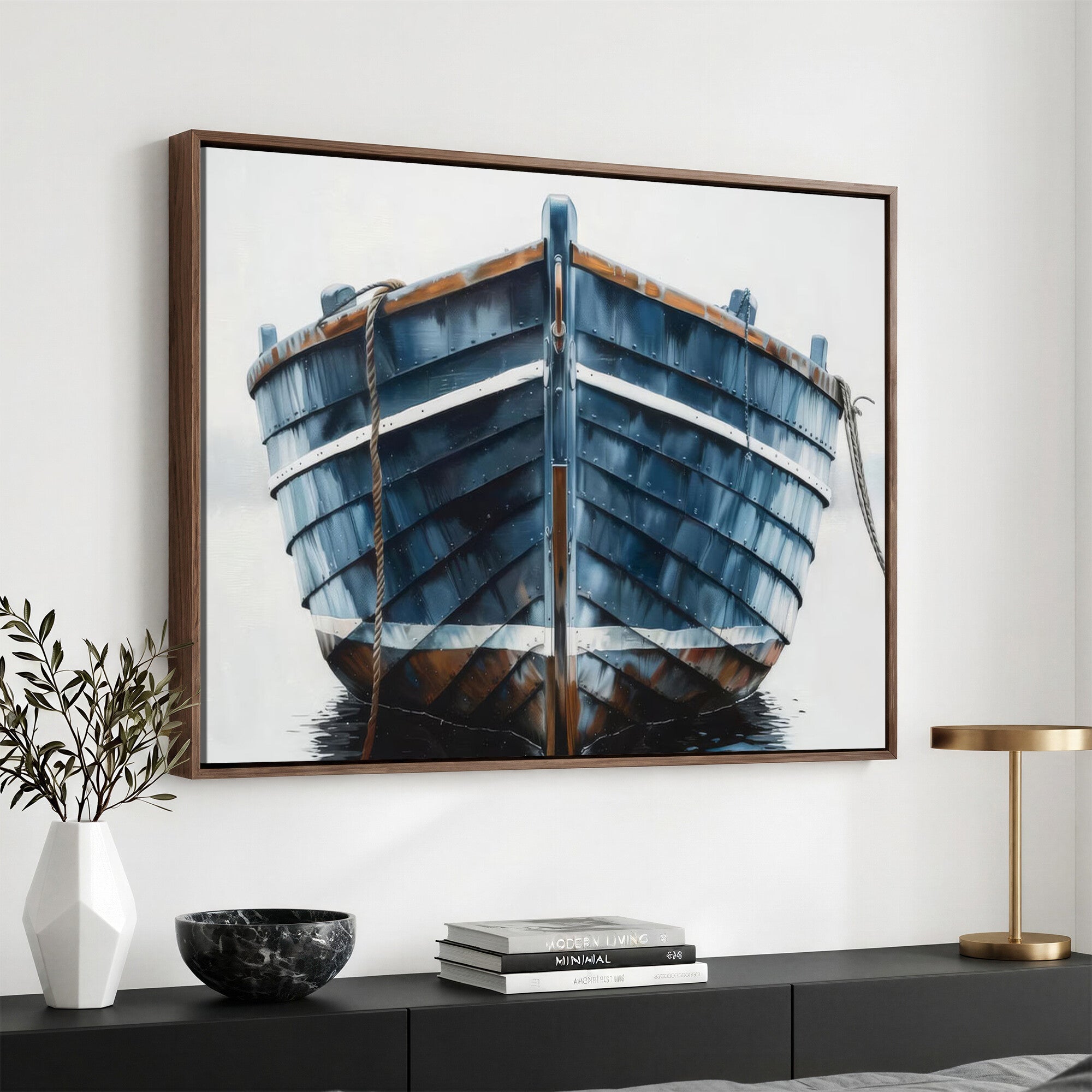 21601740-MGV-CV-36X24 - Blue Wooden Rowboat Canvas Wall Art, Coastal Nautical Boat Painting Print for Lake Beach House Decor, Minimalist Maritime Decor Artwork