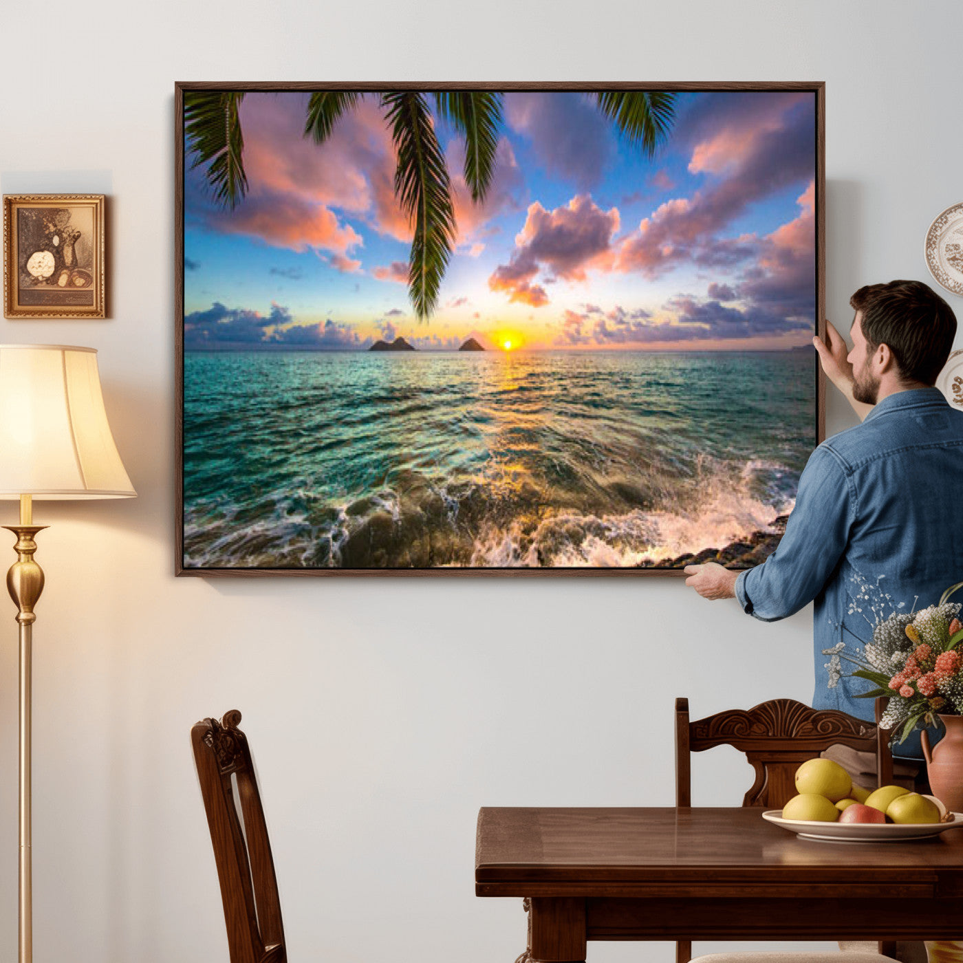 13207742-MGV-CV-36X24 - Hawaii Beach Sunset Canvas Wall Art Print, Tropical Ocean Landscape Artwork, Palm Tree Coastal Decor for Living Room Bedroom
