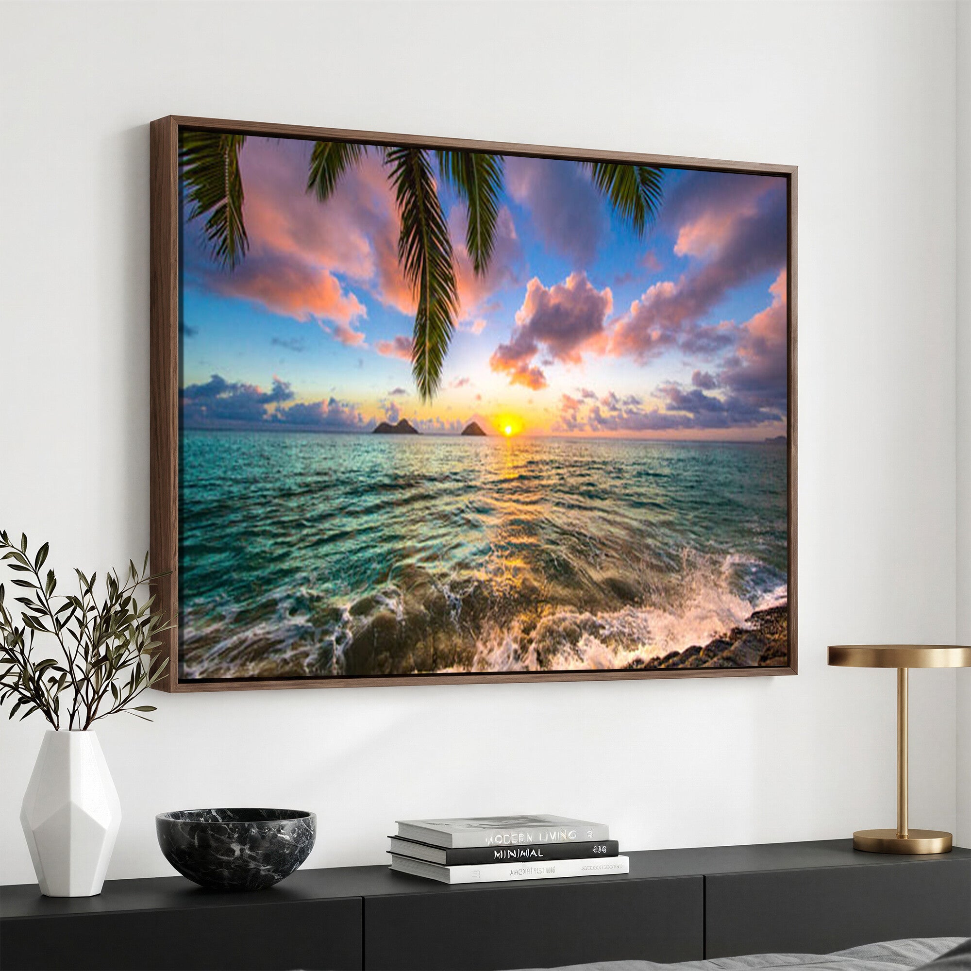 13207742-MGV-CV-36X24 - Hawaii Beach Sunset Canvas Wall Art Print, Tropical Ocean Landscape Artwork, Palm Tree Coastal Decor for Living Room Bedroom