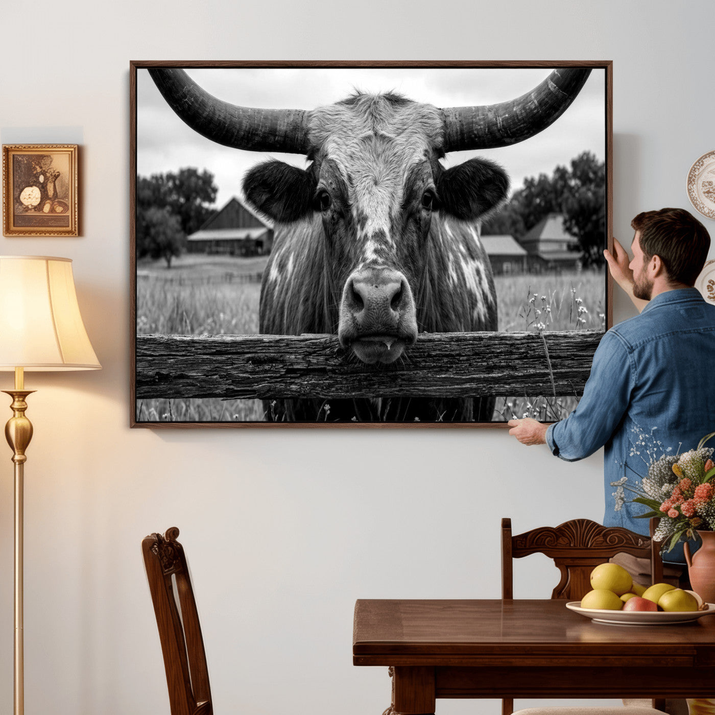 59378683B-MGV-CV-36X24 - Black White Texas Longhorn Bull Canvas Wall Art, Western Ranch Cattle Photography Print, Rustic Farmhouse Cowboy Decor Artwork