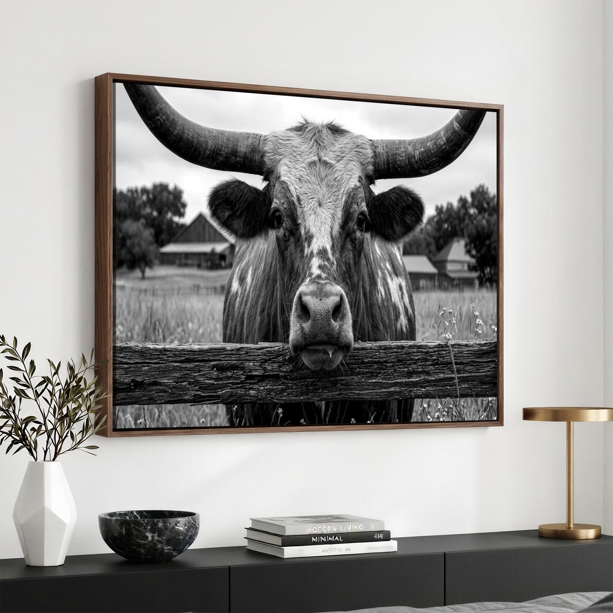 59378683B-MGV-CV-36X24 - Black White Texas Longhorn Bull Canvas Wall Art, Western Ranch Cattle Photography Print, Rustic Farmhouse Cowboy Decor Artwork