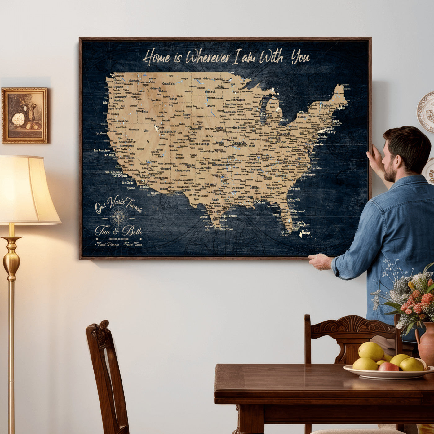 48467834-MGV-CV-36X24 - Custom Push Pin US Map Canvas | Personalized Travel Tracker | USA Cities Map Anniversary Gift for Couples | Adventure America Map Wall Art with Pins