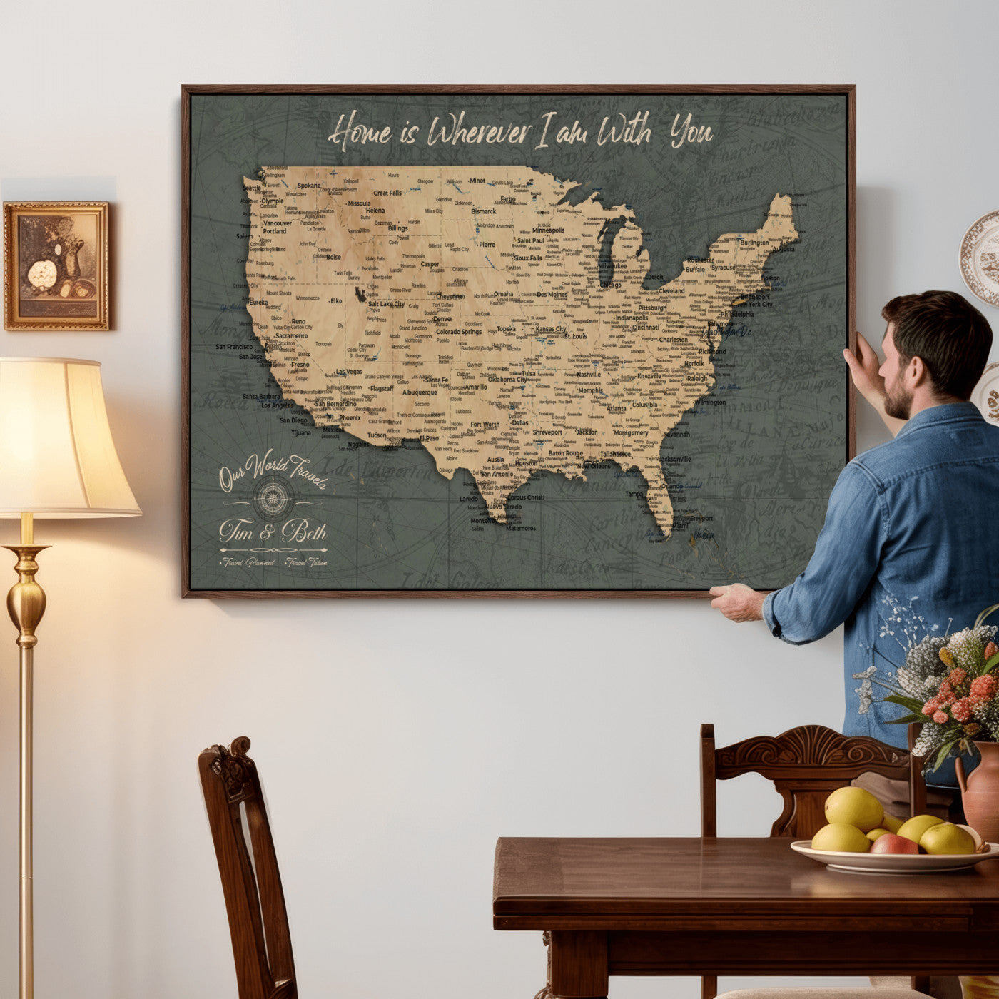 41270900-MGV-CV-36X24 - Custom Push Pin US Map Canvas | Personalized Travel Tracker | USA Cities Map Anniversary Gift for Couples | Adventure America Map Wall Art with Pins