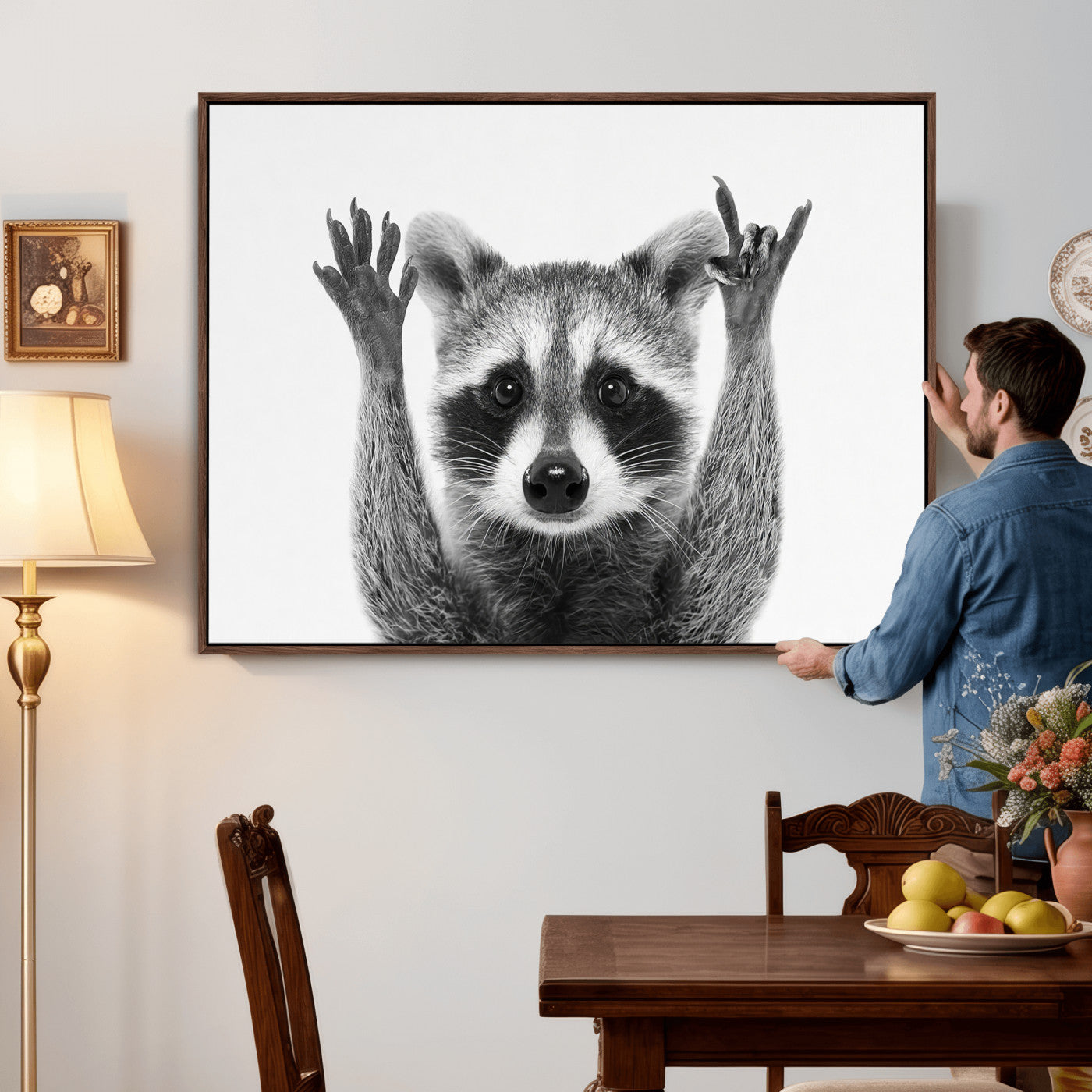 82392228-MGV-CV-36X24 - Funny Raccoon Canvas Wall Art, Black White Hands Up Animal Photo Print, Humorous Wildlife Decor, Kids Room Nursery Art, Quirky Animal Gift