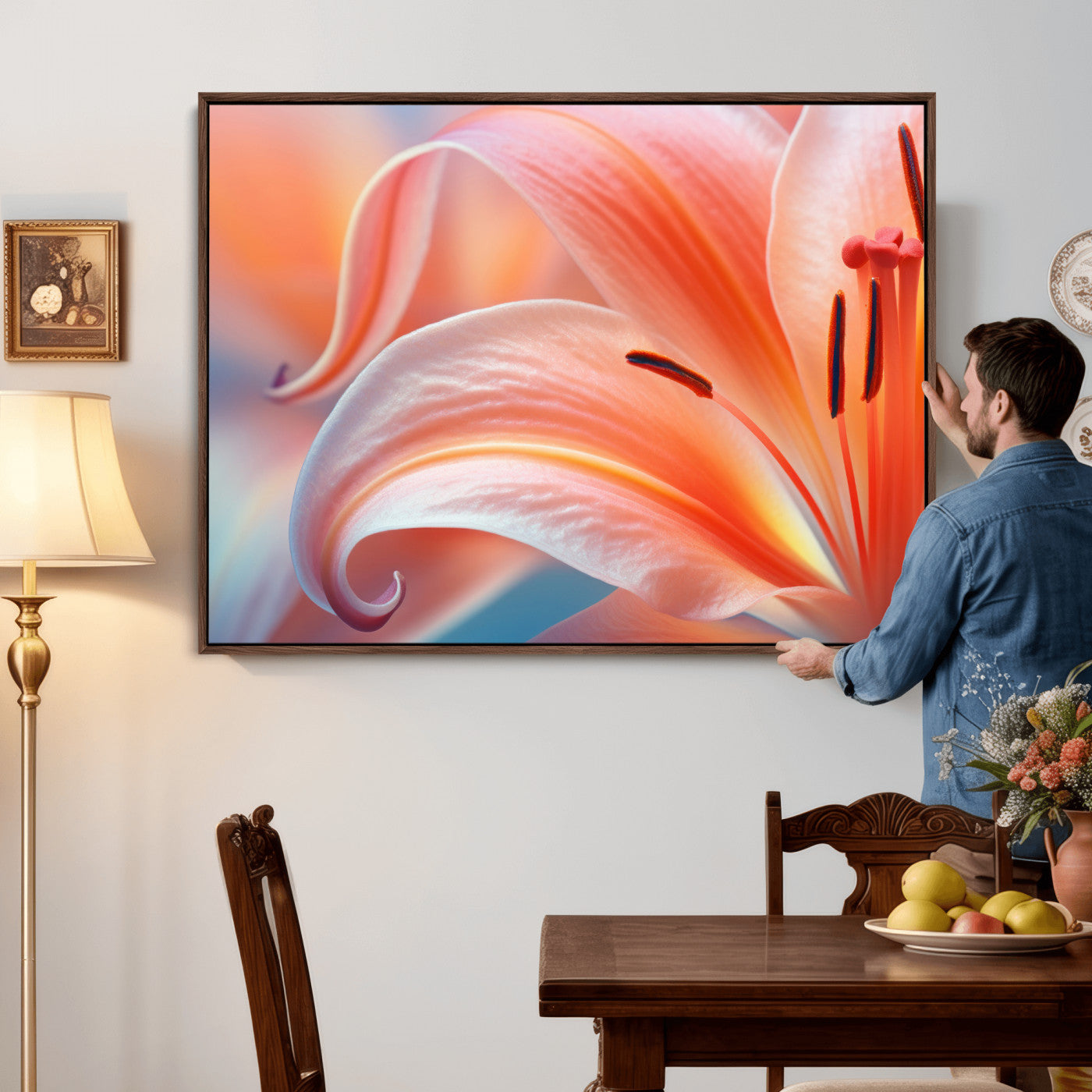 69566231-MGV-CV-36X24 - Peach Lily Canvas Wall Art, Coral Pink Flower Macro Photo Print, Botanical Bedroom Decor, Soft Floral Photography, Living Room Wall Art