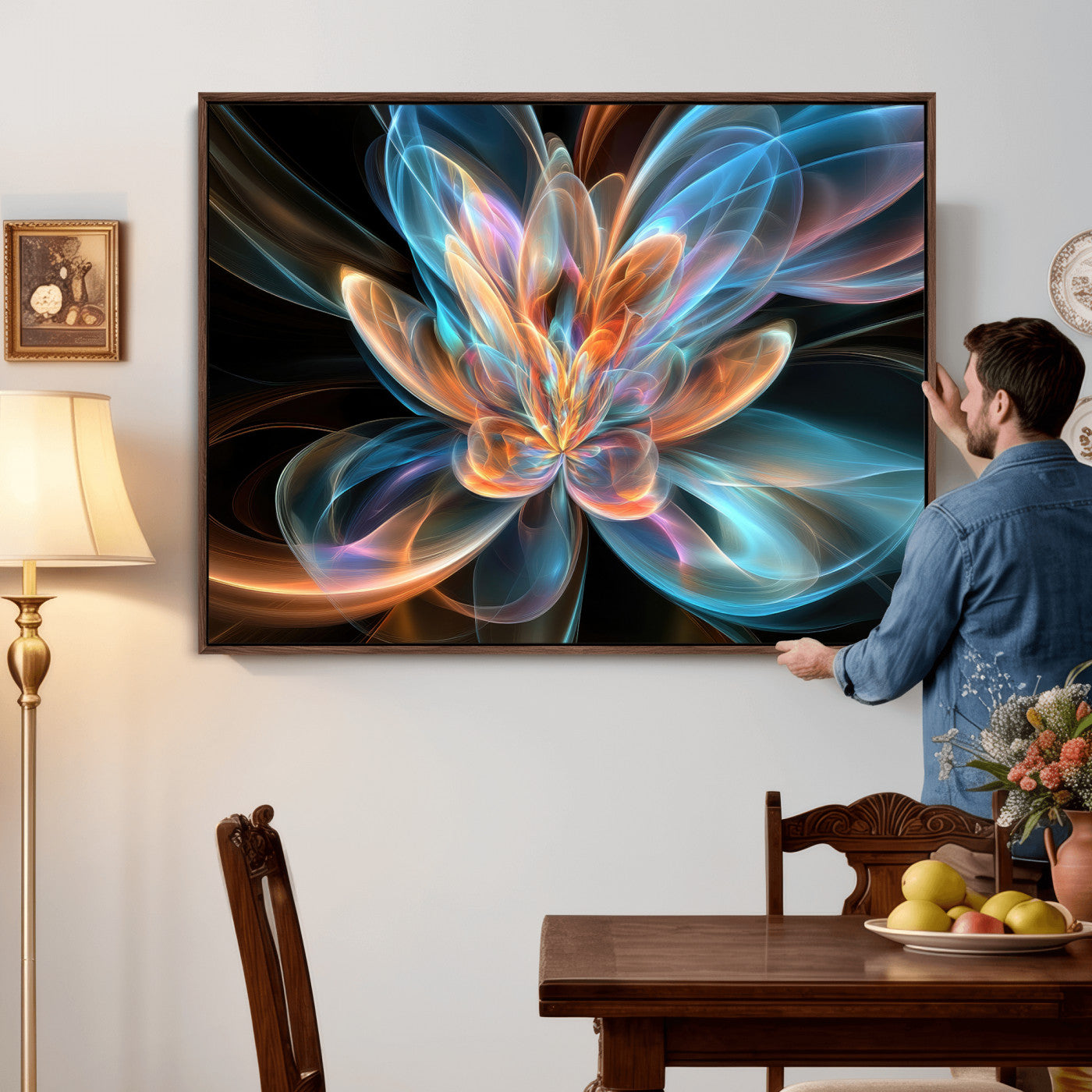 91902283-MGV-CV-36X24 - Fractal Lotus Canvas Wall Art, Blue Orange Glowing Flower Abstract Print, Modern Zen Meditation Room Decor, Ethereal Digital Art, Living Room