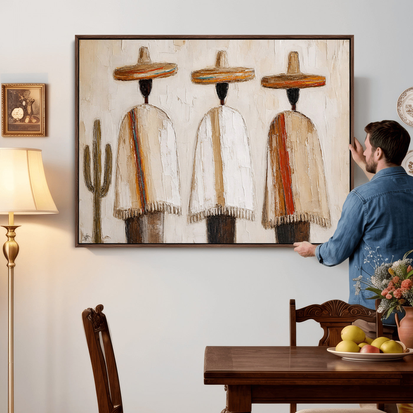 72884785-MGV-CV-36X24 - Mexican Folk Art Canvas Wall Art, Southwestern Sombrero Poncho Painting, Neutral Earthy Boho Decor, Fiesta Living Room Art, Impasto Style Print