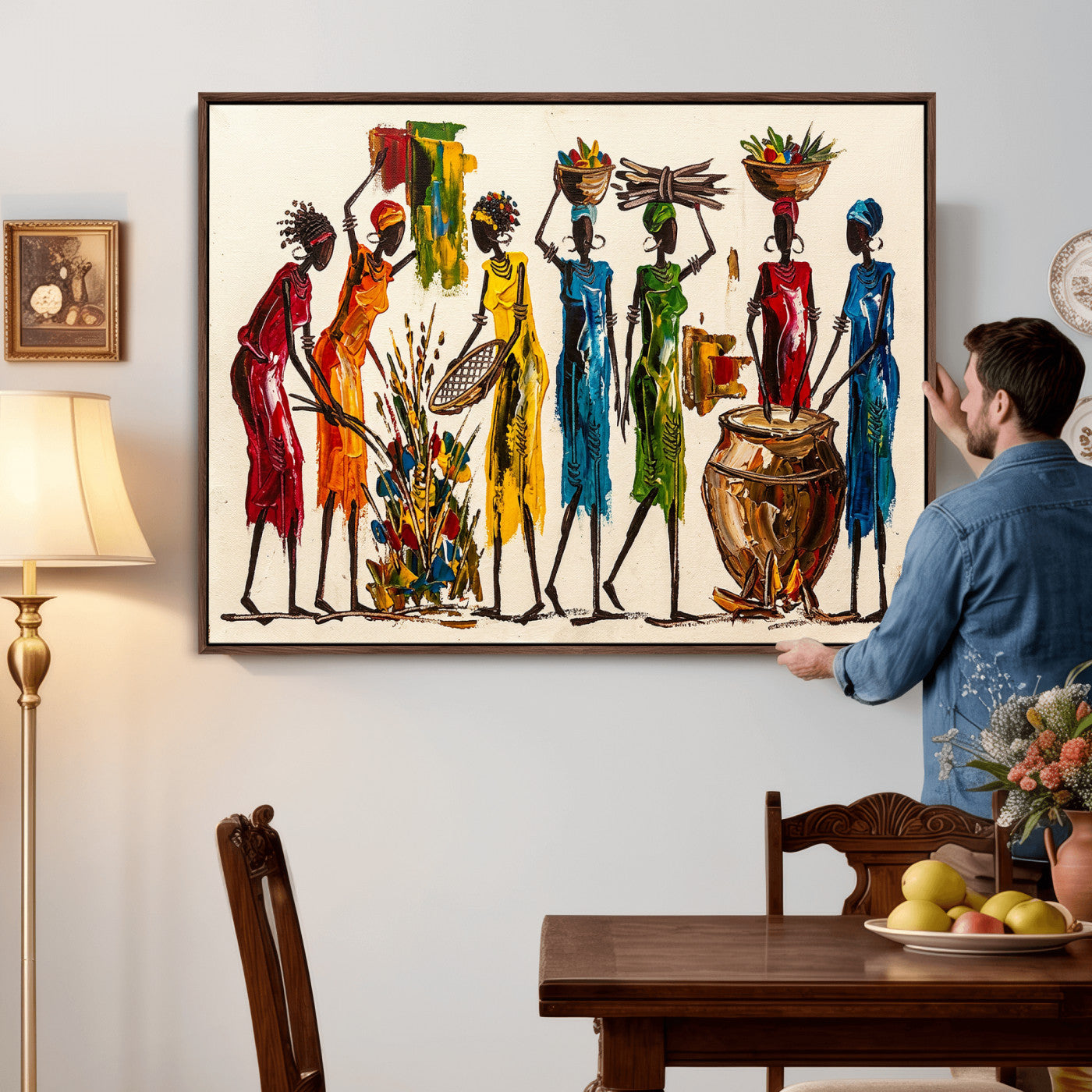 83463154-MGV-CV-36X24 - African Folk Art Canvas Wall Art, Colorful African Women Village Painting Print, Tribal Ethnic Home Decor, Vibrant African Art, Living Room