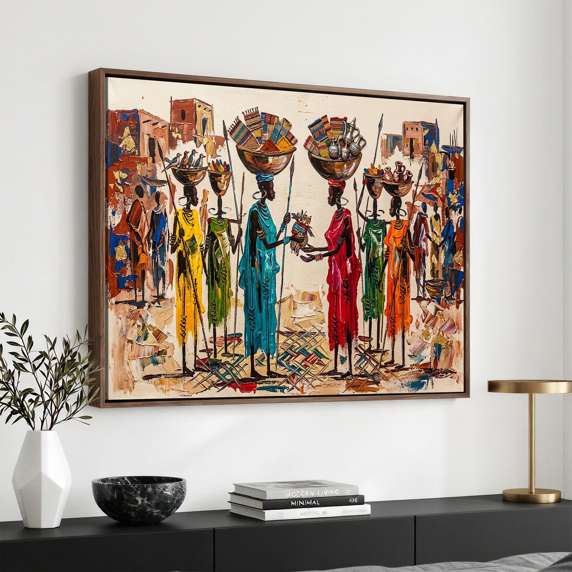 54818657-MGV-CV-36X24 - African Folk Art Canvas Wall Art, Colorful African Women Village Painting Print, Tribal Ethnic Home Decor, Vibrant African Art, Living Room