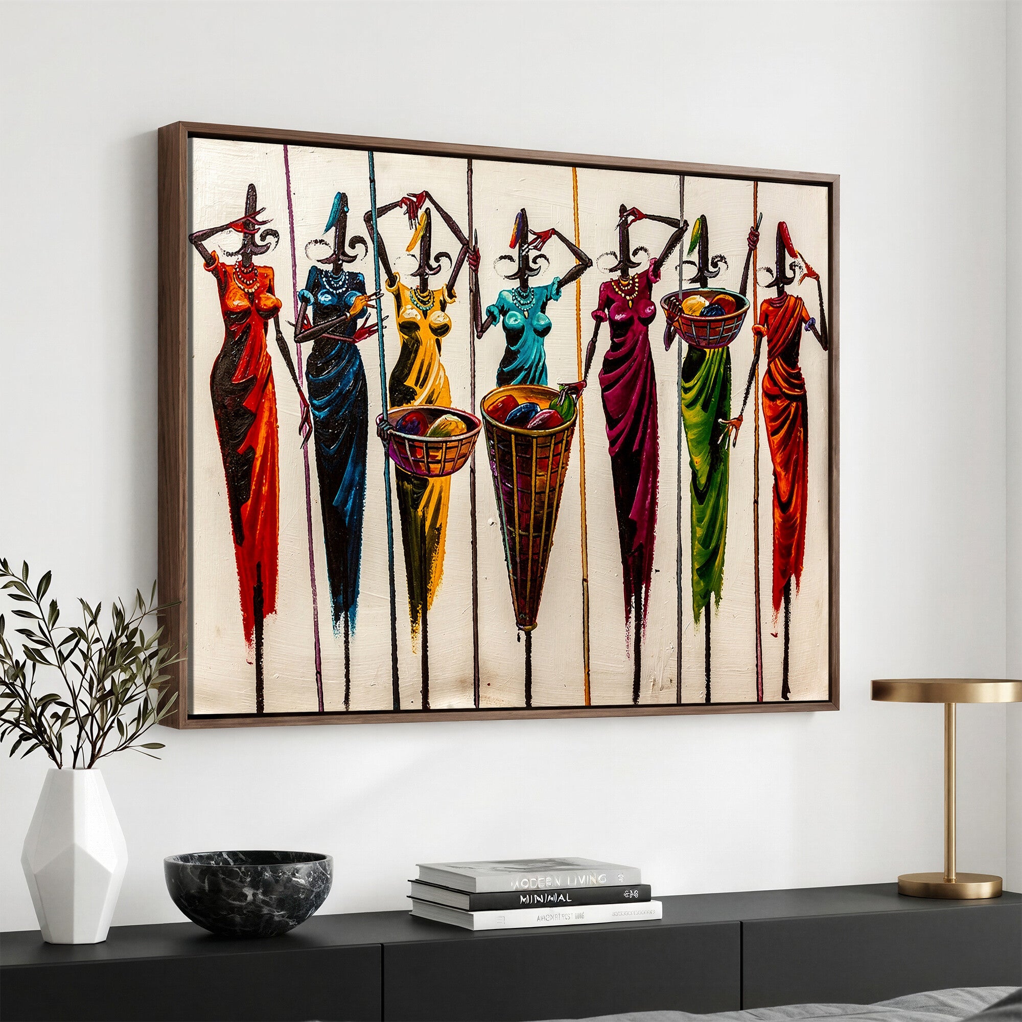 53545627-MGV-CV-36X24 - African Folk Art Canvas Wall Art, Colorful African Women Village Painting Print, Tribal Ethnic Home Decor, Vibrant African Art, Living Room