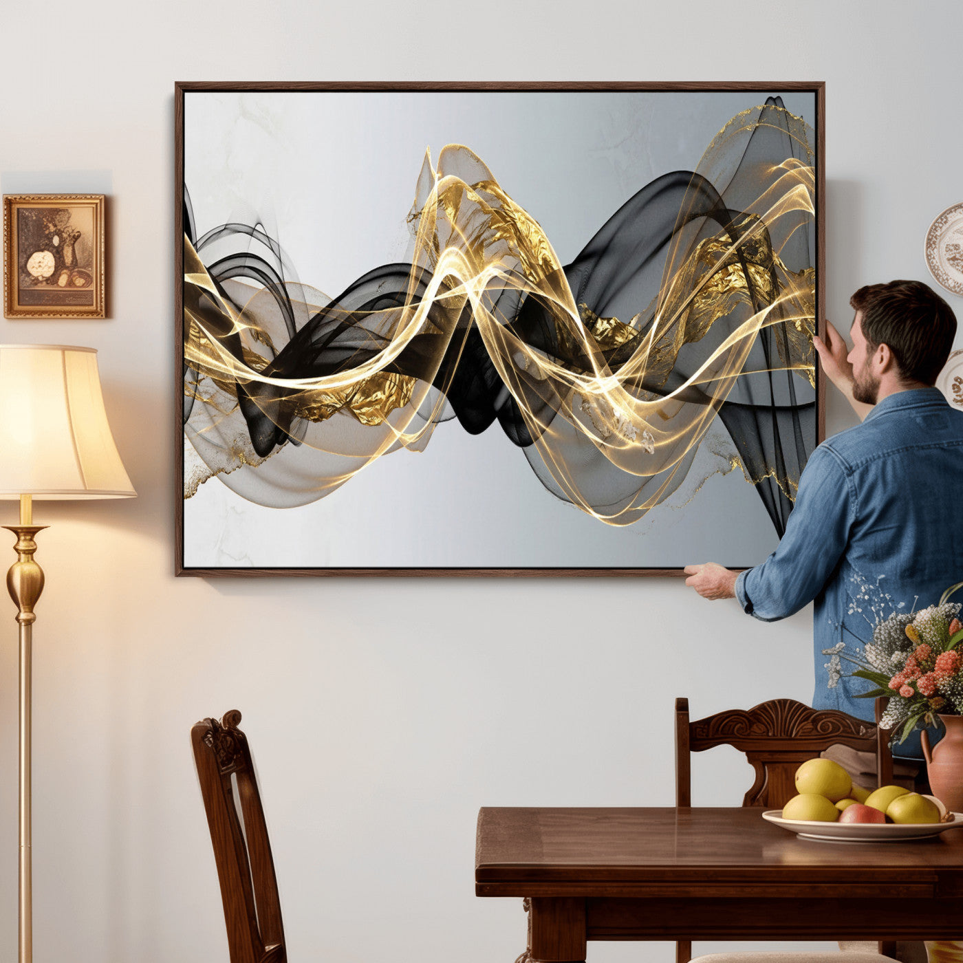 79483321DL-MGV-CV-36X24 - Black and Gold Abstract Wall Art, Modern Wave Canvas Print, Elegant Flowing Smoke Art, Luxury Living Room Decor