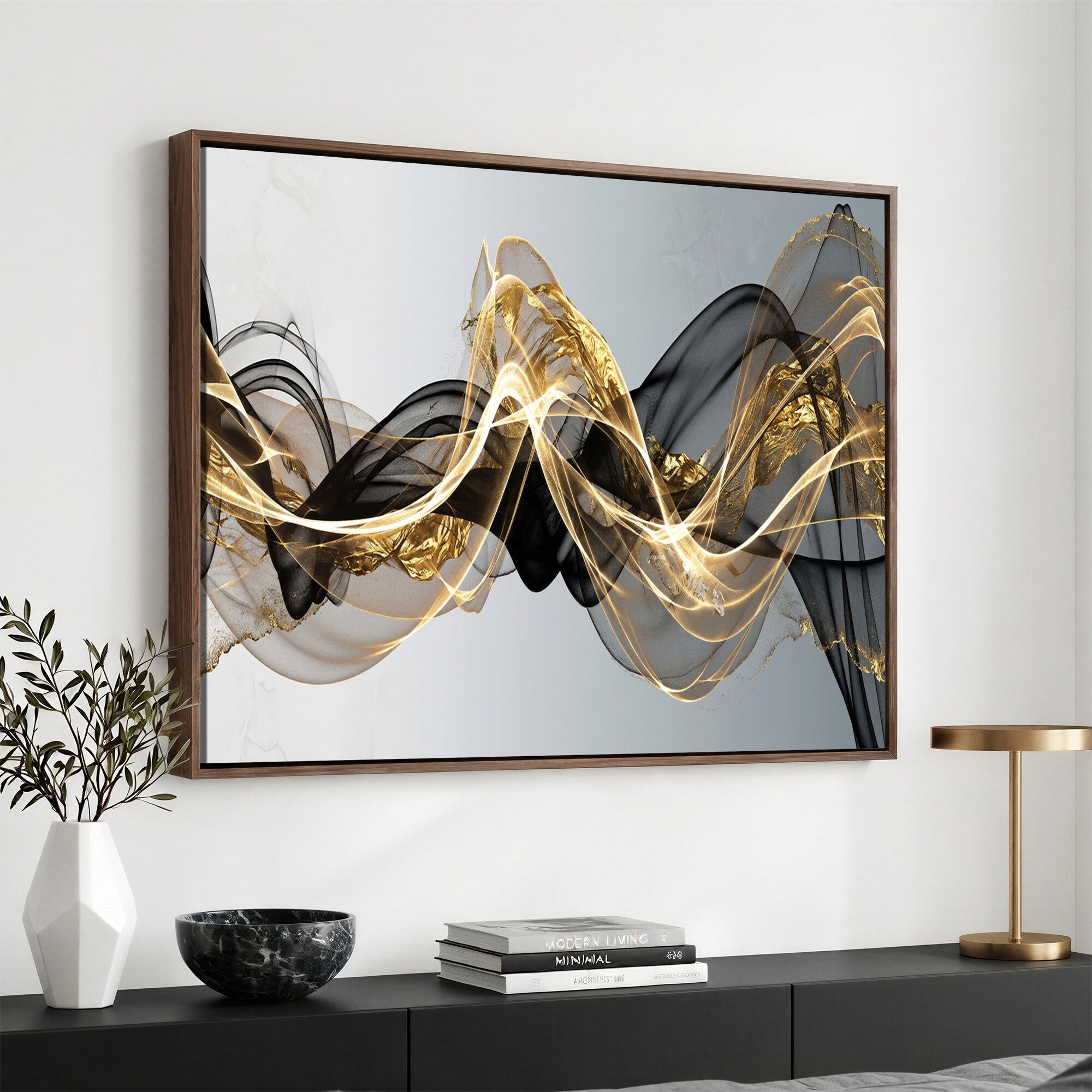 79483321DL-MGV-CV-36X24 - Black and Gold Abstract Wall Art, Modern Wave Canvas Print, Elegant Flowing Smoke Art, Luxury Living Room Decor
