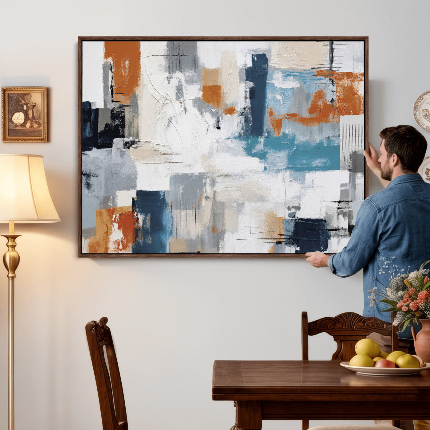 44950303-MGV-CV-36X24 - Blue Teal Abstract Canvas Wall Art, Modern Textured Painting Print, Navy Orange White Contemporary Art, Neutral Living Room Decor, Office Art