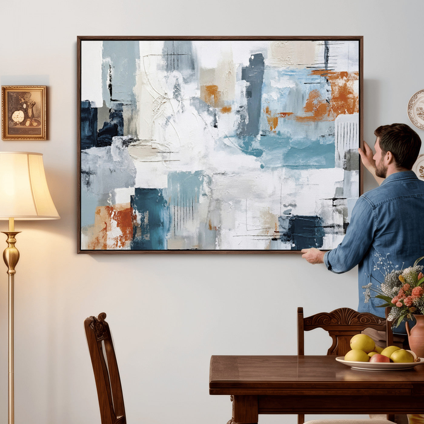 98638479-MGV-CV-36X24 - Blue Teal Abstract Canvas Wall Art, Modern Textured Painting Print, Navy Orange White Contemporary Art, Neutral Living Room Decor, Office Art