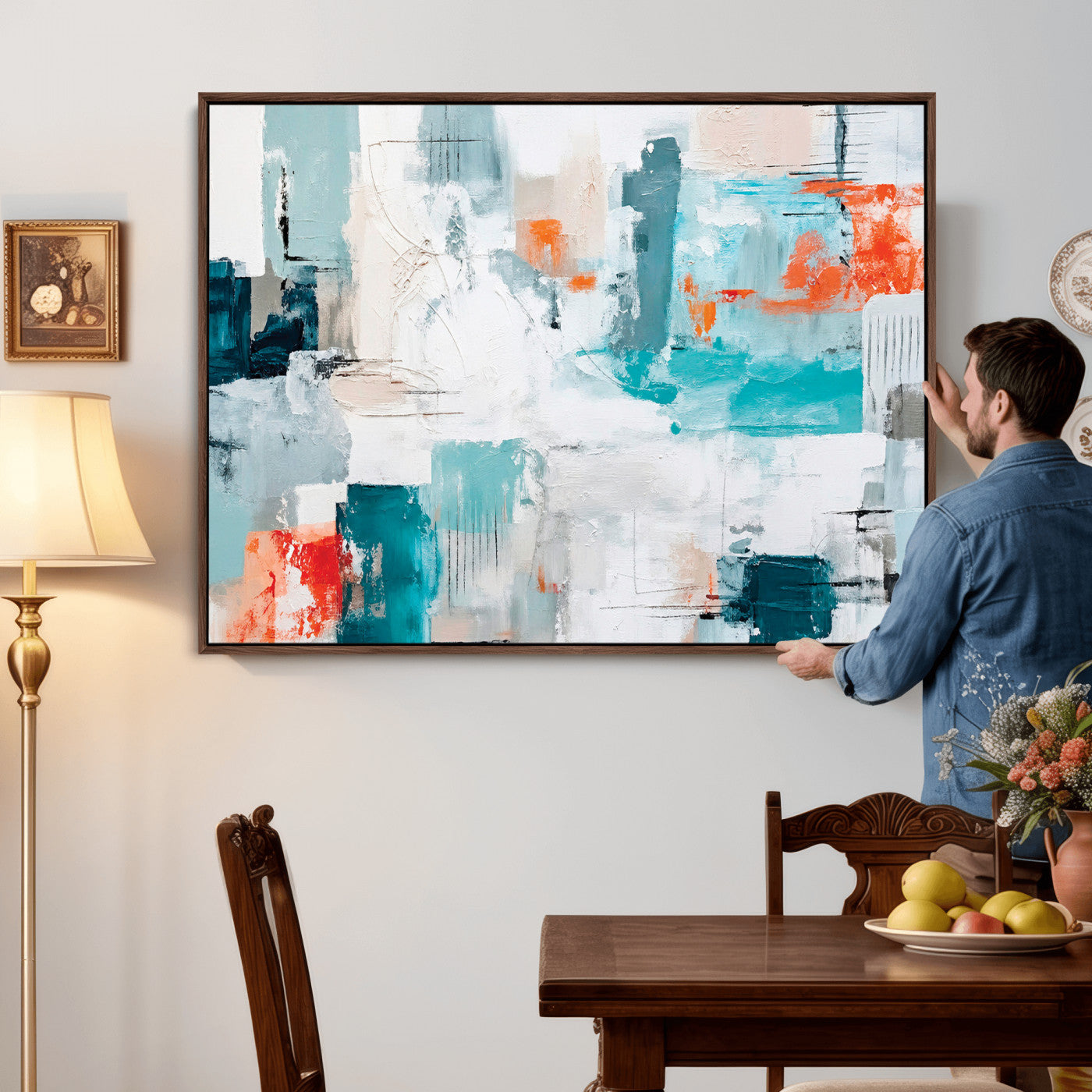 98638479-MGV-CV-36X24 - Blue Teal Abstract Canvas Wall Art | Modern Textured Painting Print, Navy Orange White Contemporary Art, Neutral Living Room Decor, Office Art