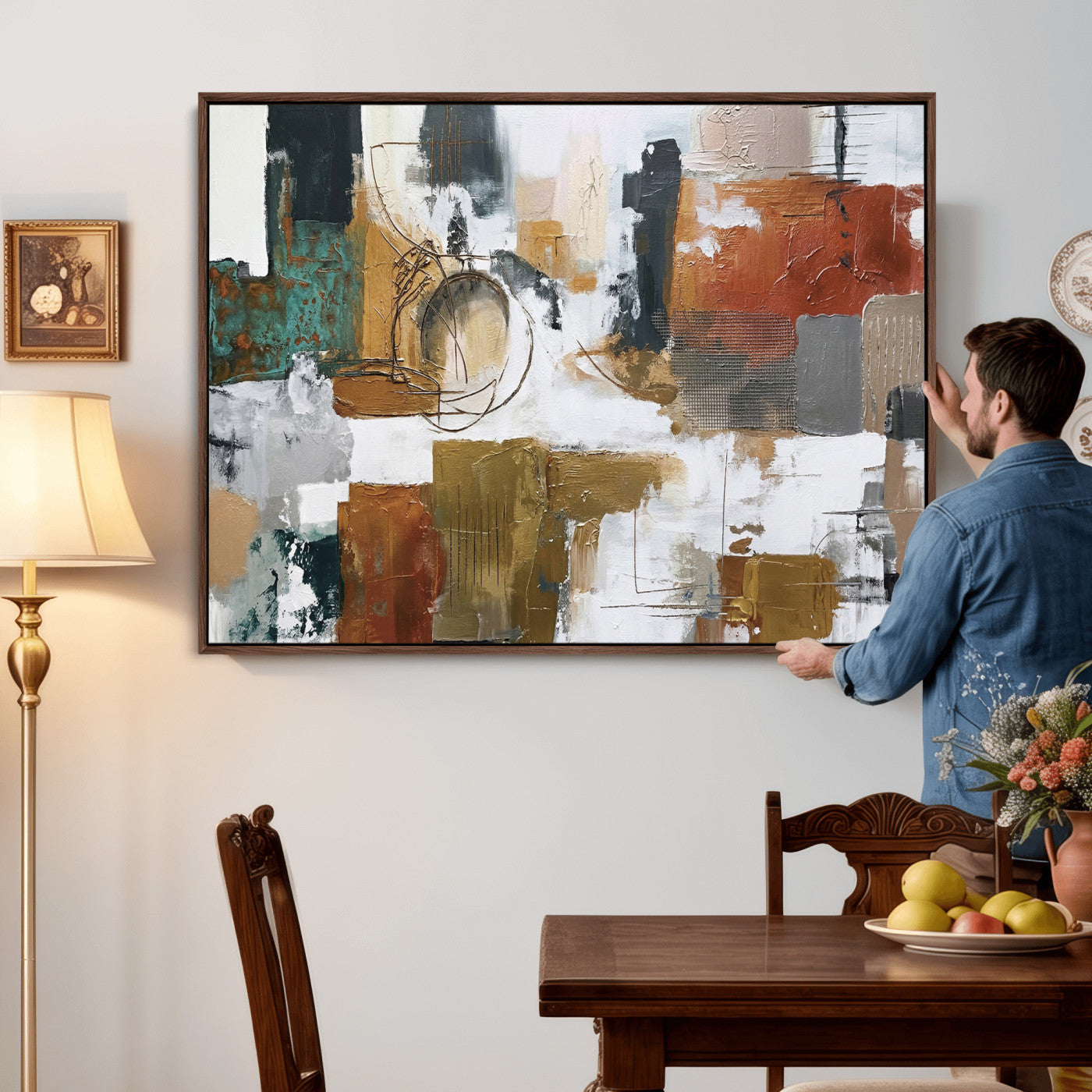 50720312-MGV-CV-36X24 - Blue Teal Abstract Canvas Wall Art, Modern Textured Painting Print, Navy Orange White Contemporary Art, Neutral Living Room Decor, Office Art