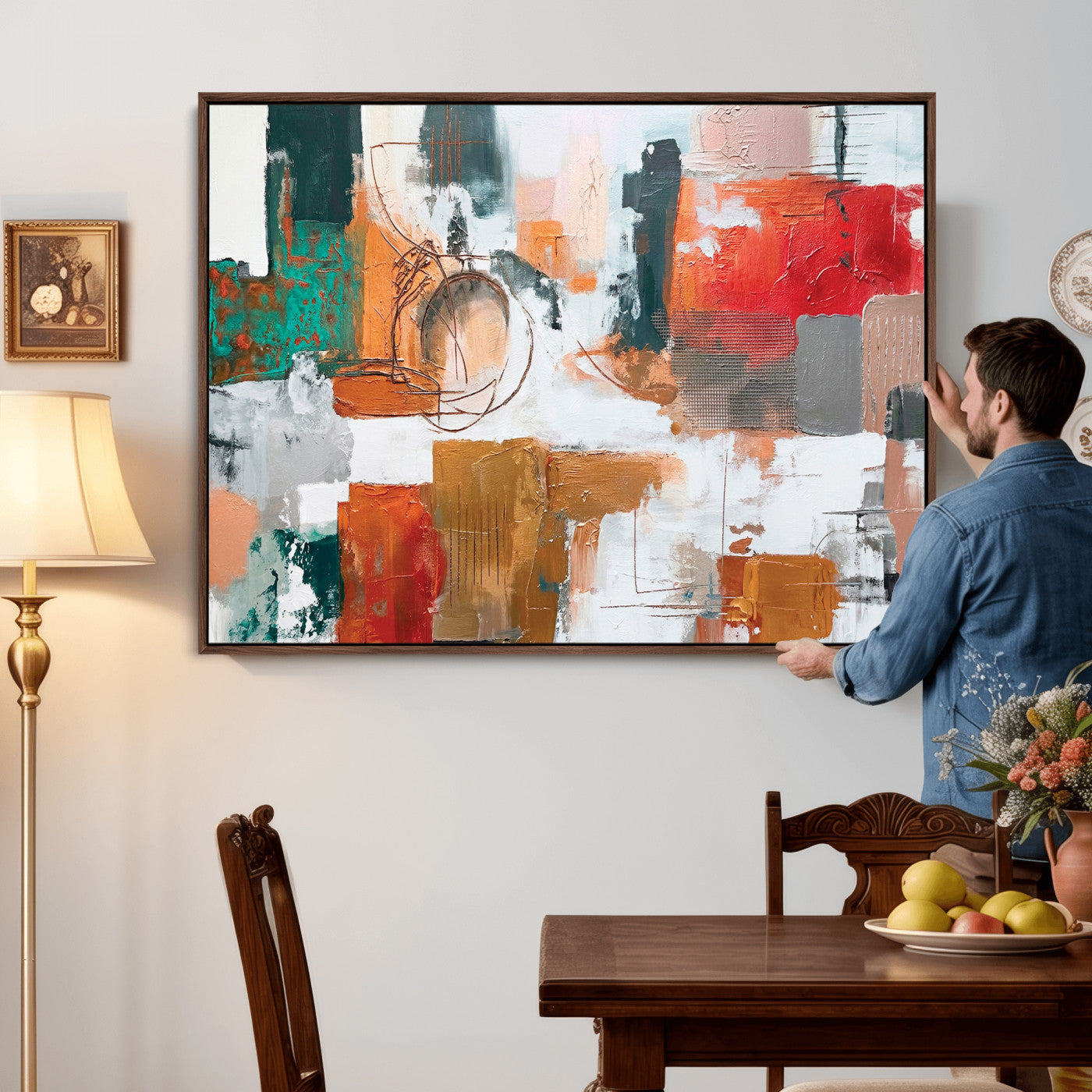 50720312-MGV-CV-36X24 - Blue Teal Abstract Canvas Wall Art | Modern Textured Painting Print, Navy Orange White Contemporary Art, Neutral Living Room Decor, Office Art.