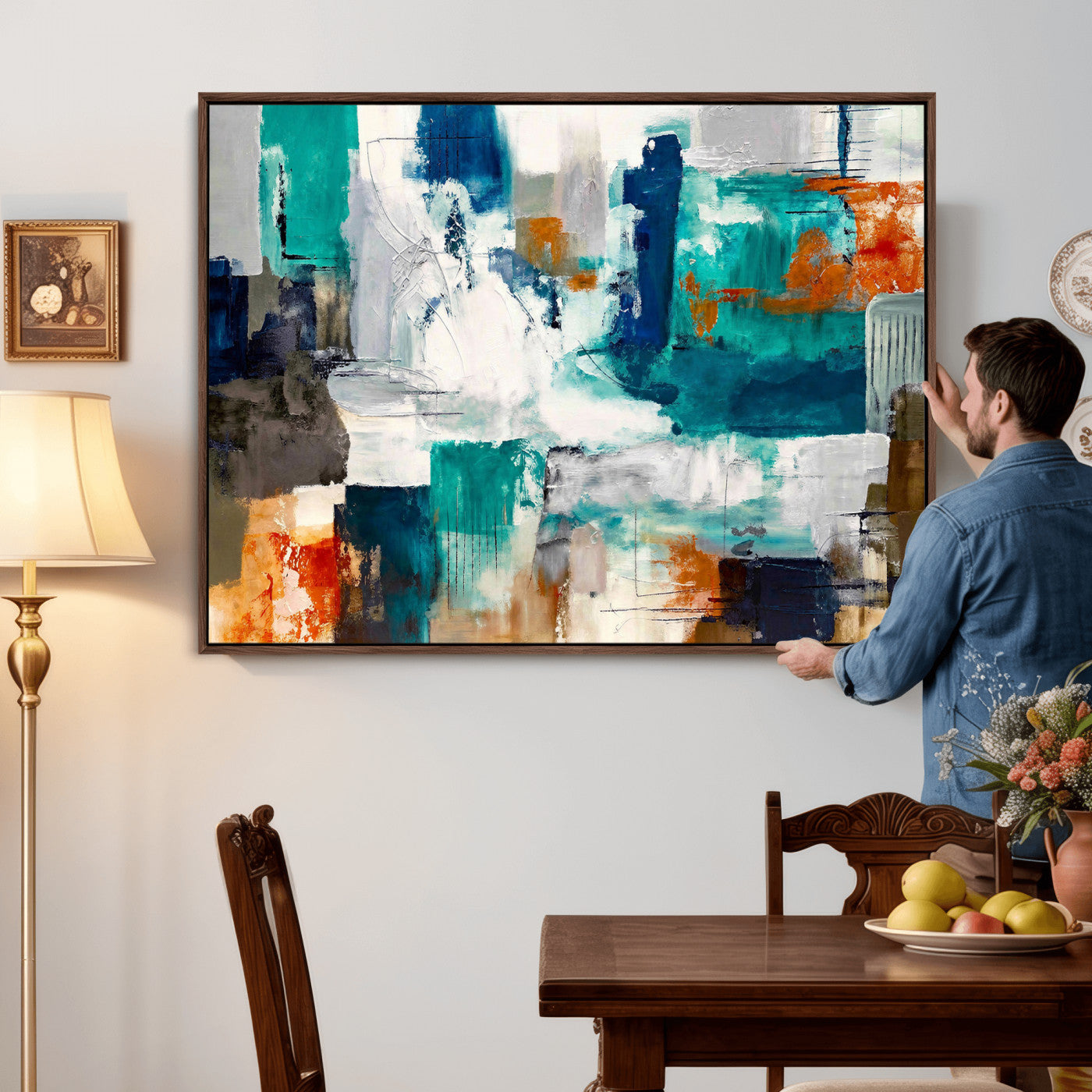 44038089-MGV-CV-36X24 - Blue Teal Abstract Canvas Wall Art, Modern Textured Painting Print, Navy Orange White Contemporary Art, Neutral Living Room Decor, Office Art