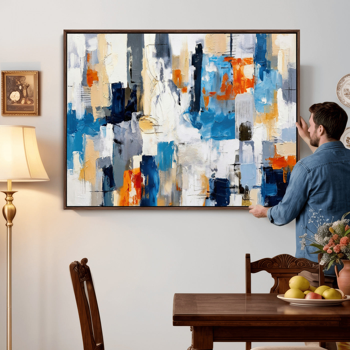 83915061-MGV-CV-36X24 - Blue Teal Abstract Canvas Wall Art, Modern Textured Painting Print, Navy Orange White Contemporary Art, Neutral Living Room Decor, Office Art