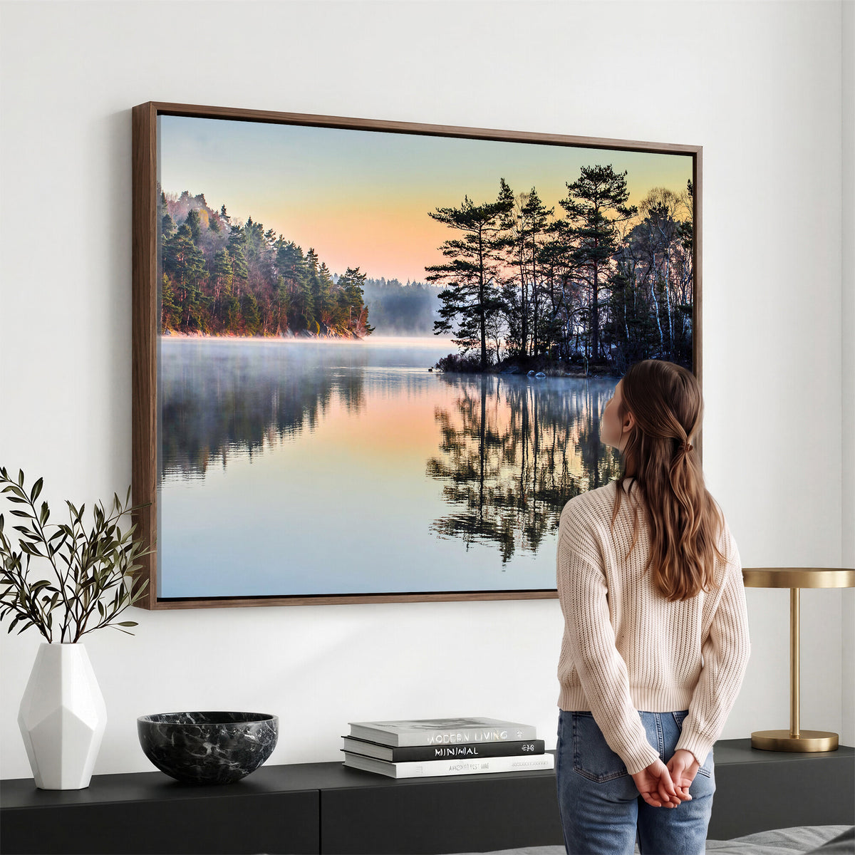 34236027-MGV-CV-36X24 - Before People Wake Canvas Wall Art Print, Misty Lake Sunrise Landscape, Forest Reflection Nature Decor, Ready to Hang