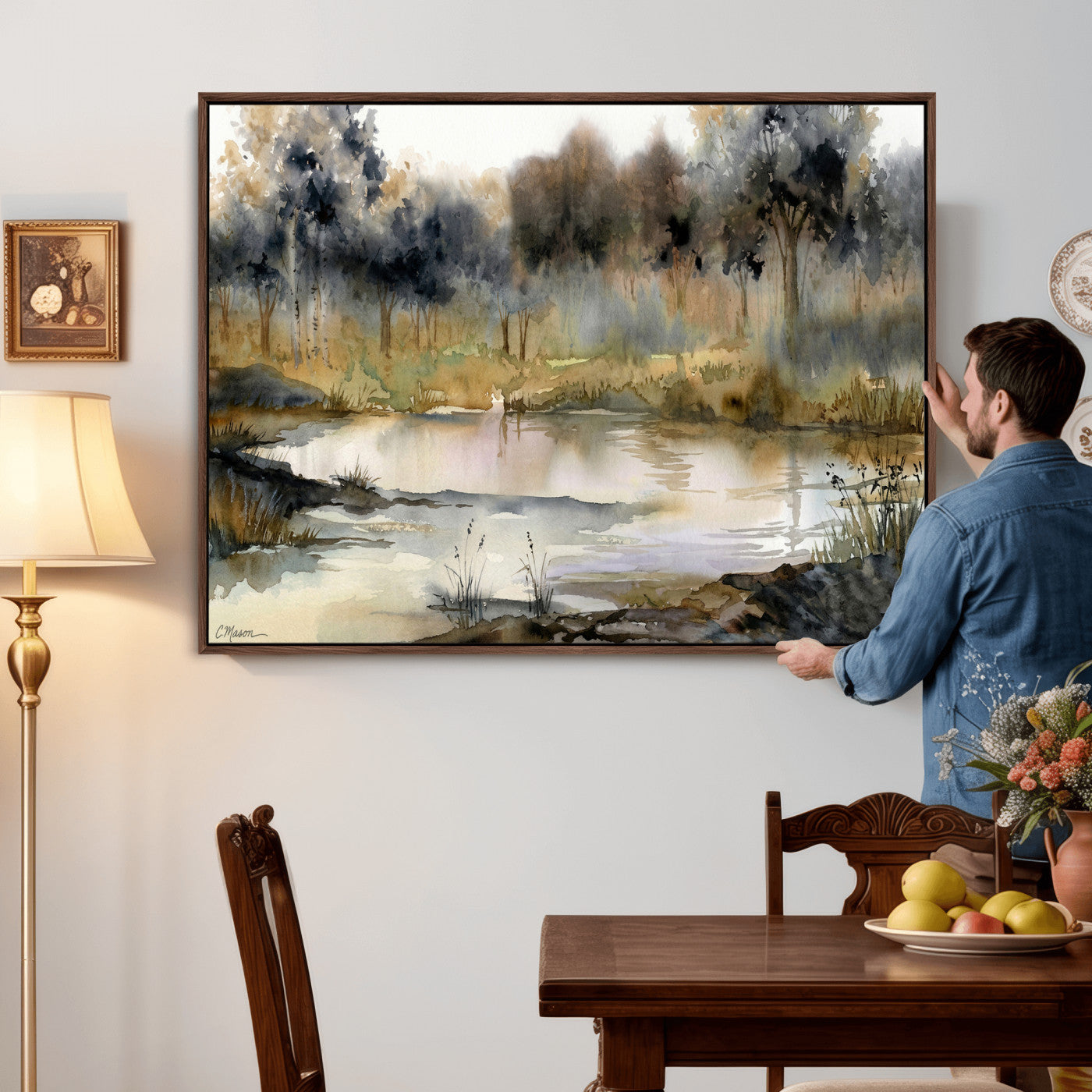 27383609-MGV-CV-36X24 - Abstract WatercolorAutumn Lake Canvas Wall Art Print, Misty Forest Landscape, Rustic Nature Painting, Cabin Wall Decor, Ready to Hang