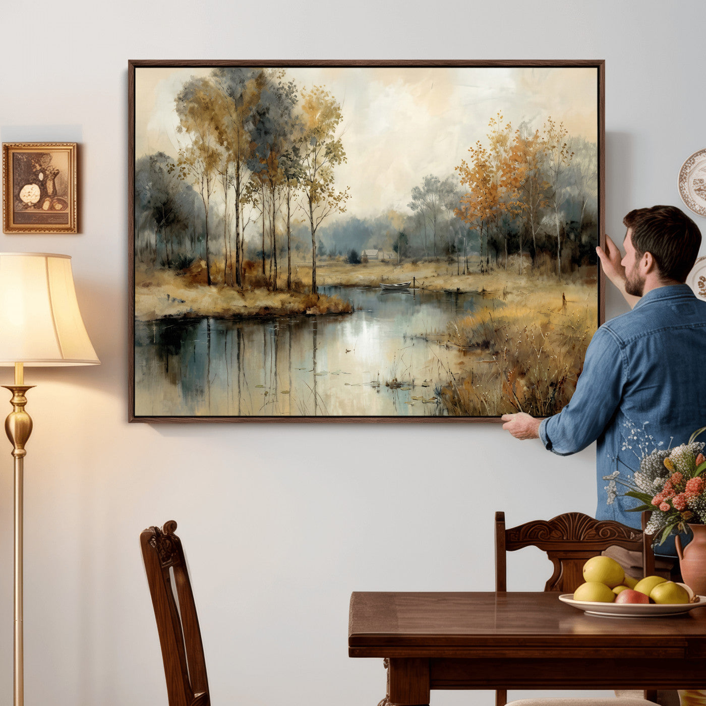 74391095-MGV-CV-36X24 - Abstract WatercolorAutumn Lake Canvas Wall Art Print, Misty Forest Landscape, Rustic Nature Painting, Cabin Wall Decor, Ready to Hang