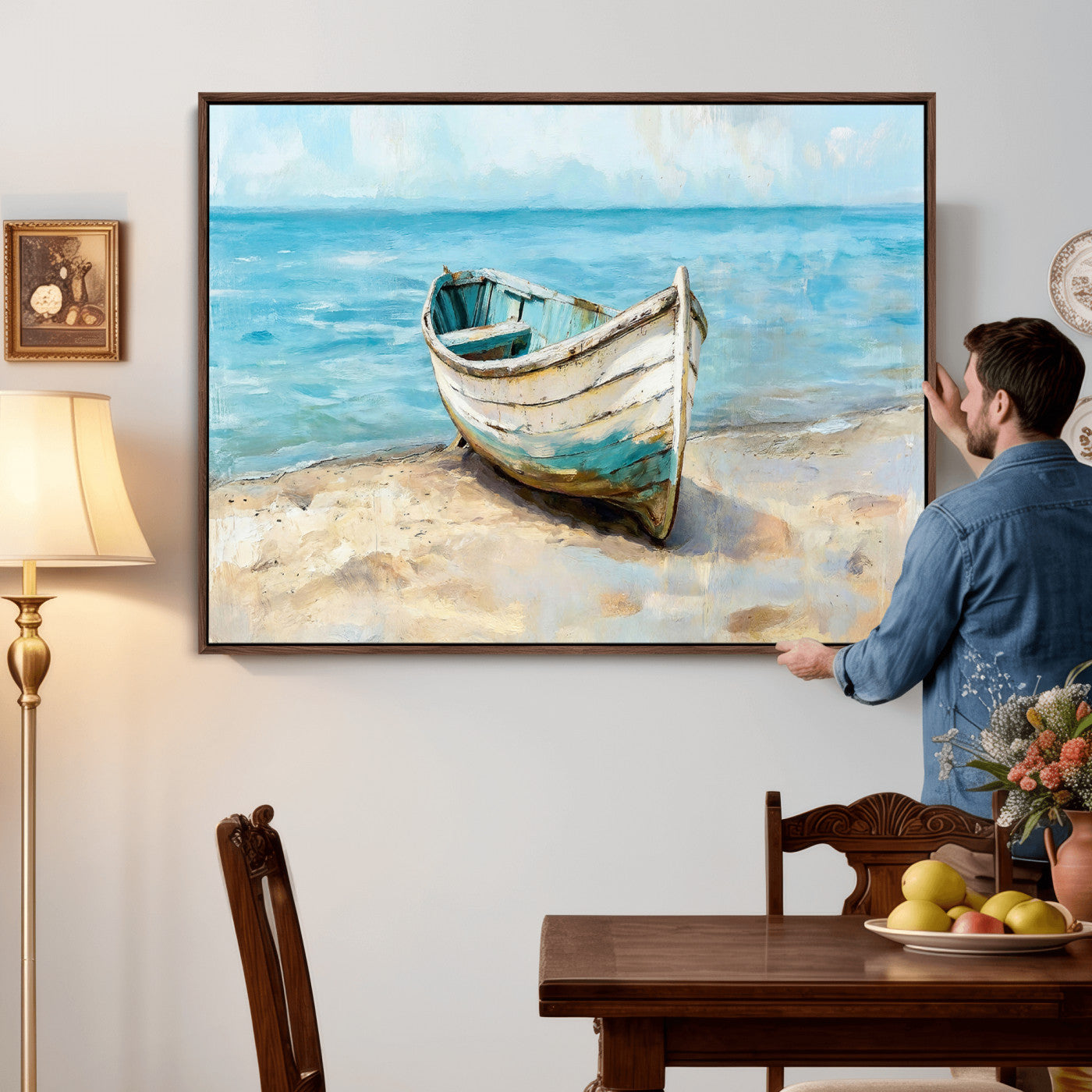 14780565-MGV-CV-36X24 - Coastal Boat Canvas Wall Art Print, Beach Boat Painting, Nautical Ocean Decor, Seascape Wall Art, Ready to Hang