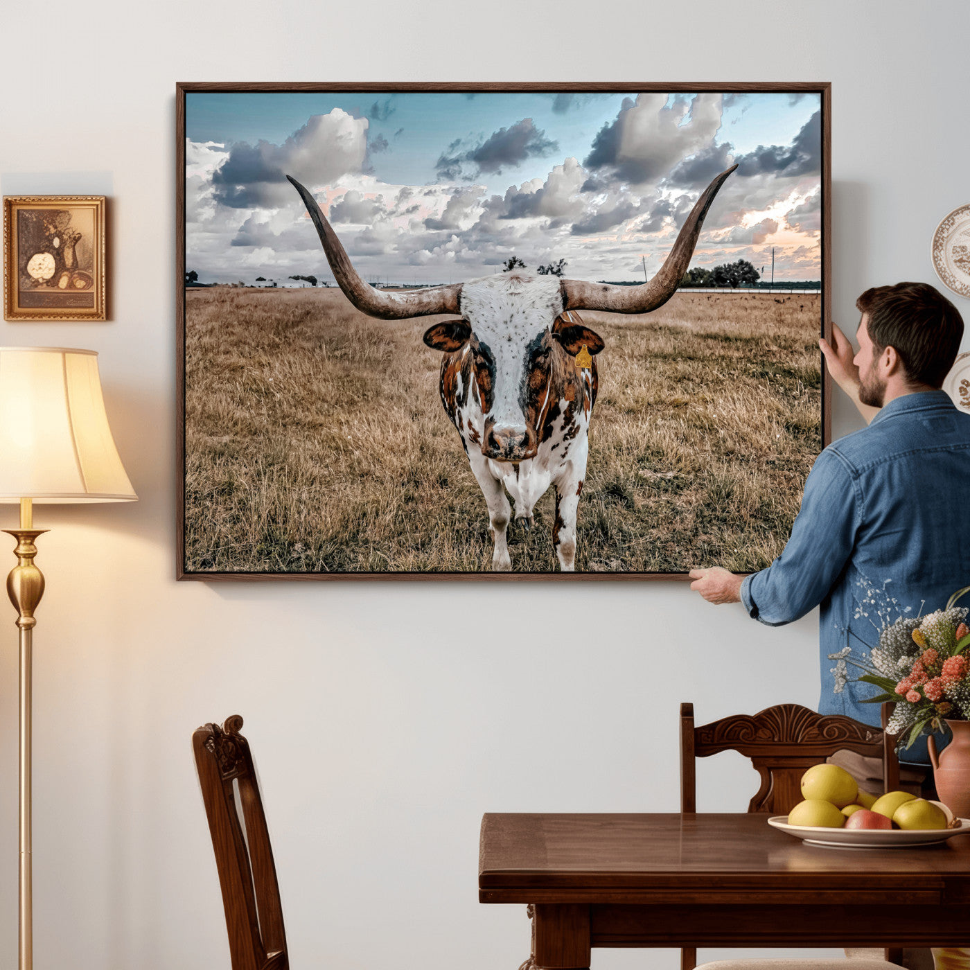17464823-MGV-CV-36X24 - Texas Longhorn Canvas Wall Art Print, Western Cow Photography, Rustic Ranch Decor, Farmhouse Wall Art, Ready to Hang