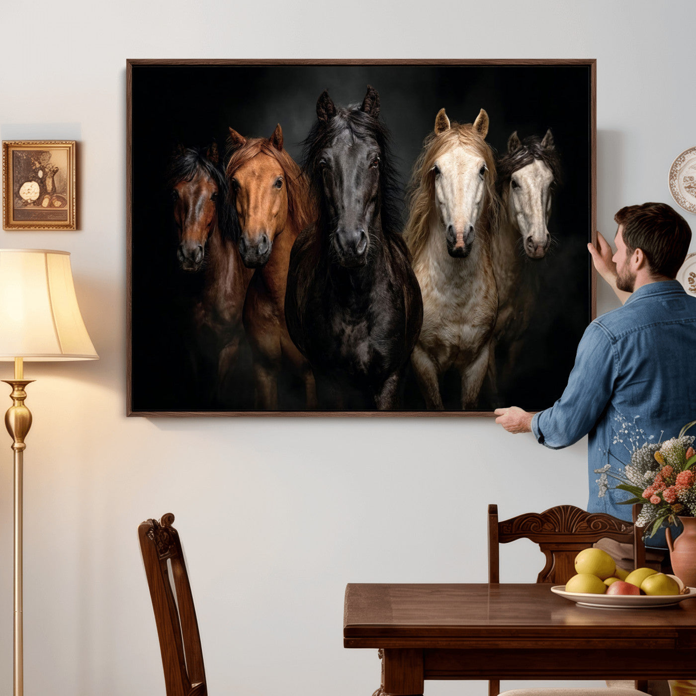 77696206-MGV-CV-36X24 - Horse Wall Art Canvas Print | Wild Horses Portrait Photography, Animal Horse Decor, Black Brown White Horse Herd