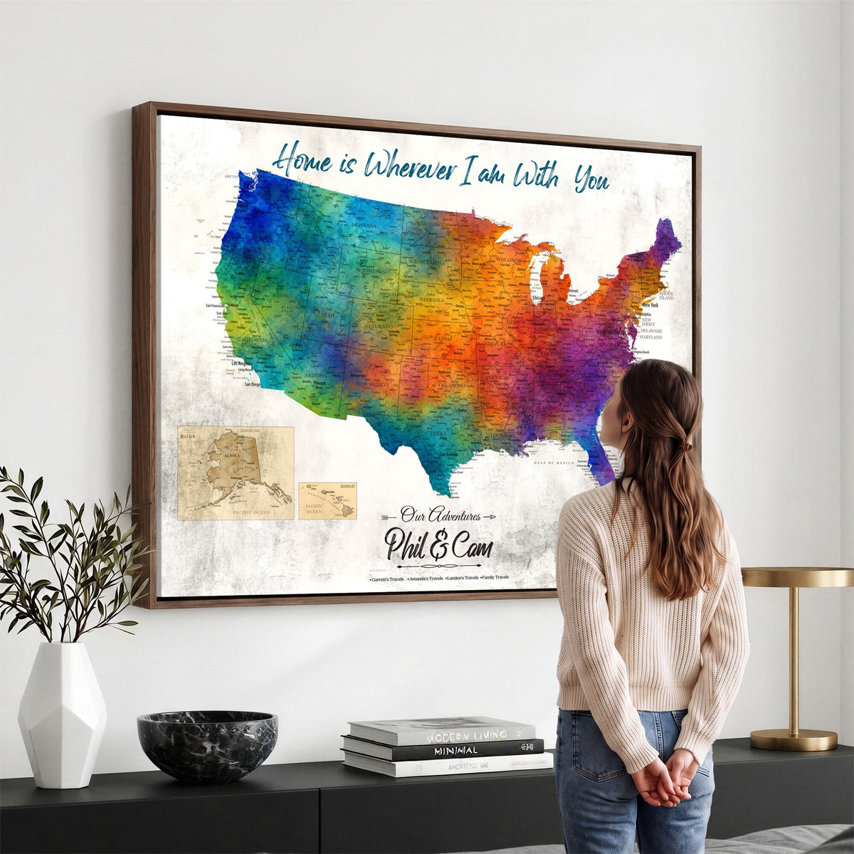 17251793-MGV-CV-36X24 - Watercolor USA Travel Map with Pins Colorful Modern Canvas Wall Art