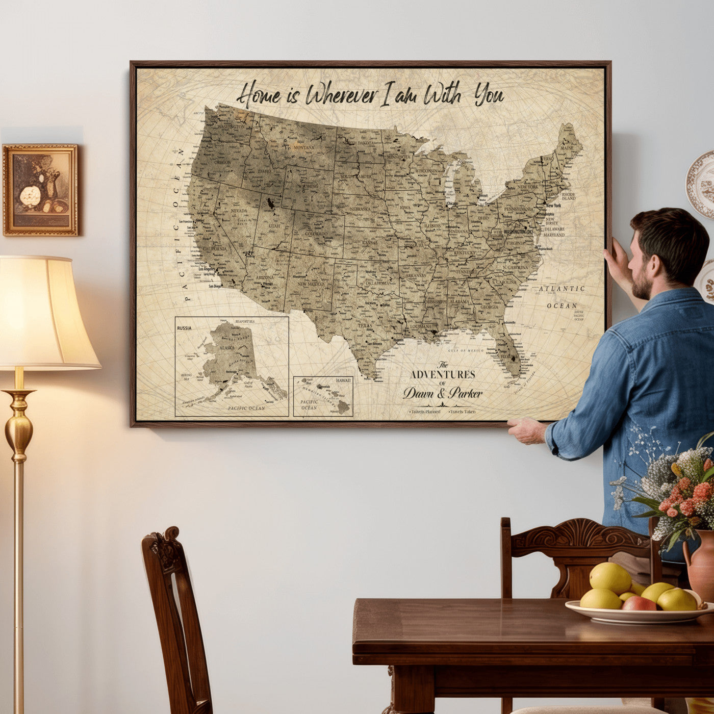 25440520-MGV-CV-36X24 - Personalized United States Map Canvas Wall Art with Push Pins Detailed