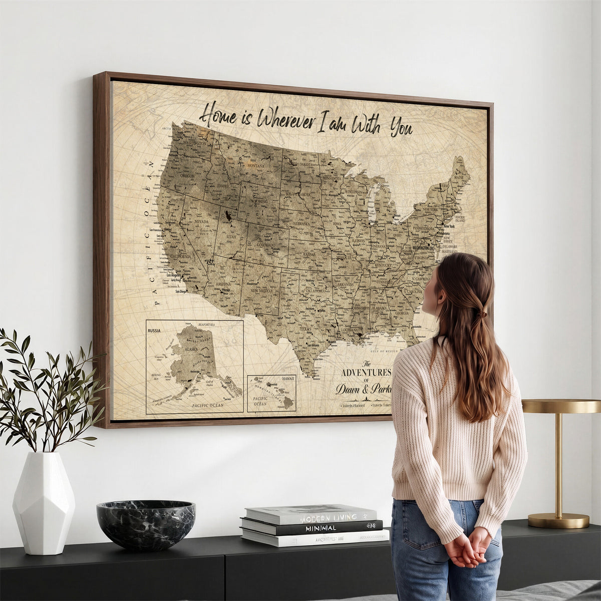 25440520-MGV-CV-36X24 - Detailed Personalized Push Pin United States Map Wall Art, States Visited Map, Office and Hallway Decor