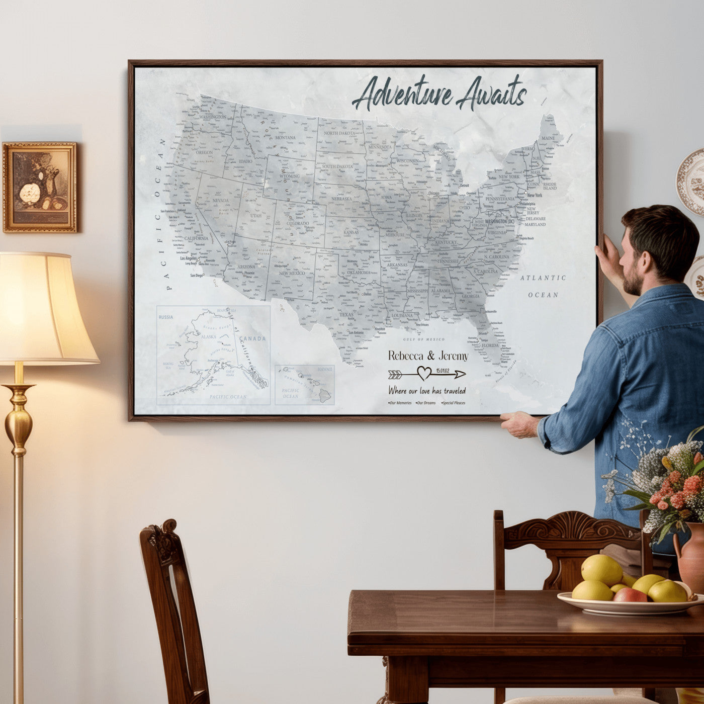 66120672-MGV-CV-36X24 - Personalized America Push Pin Travel Map Canvas Wall Art for Custom Family Gift