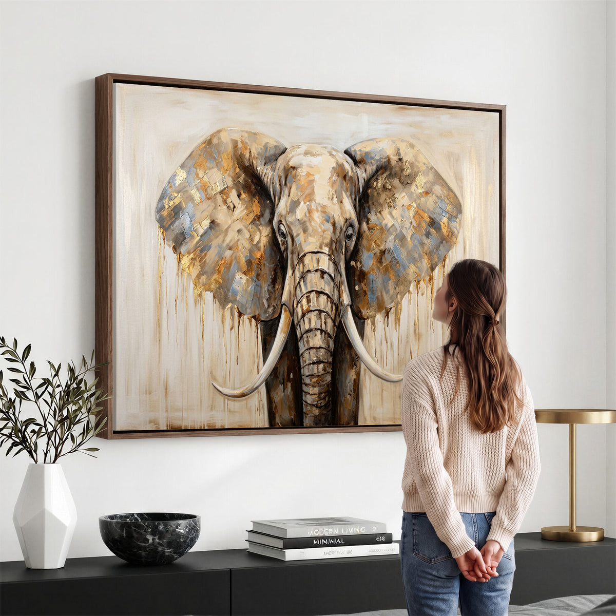 95819221-MGV-CV-36X24 - Gold Leaf Elephant Canvas Wall Art Abstract African Wildlife Painting Print