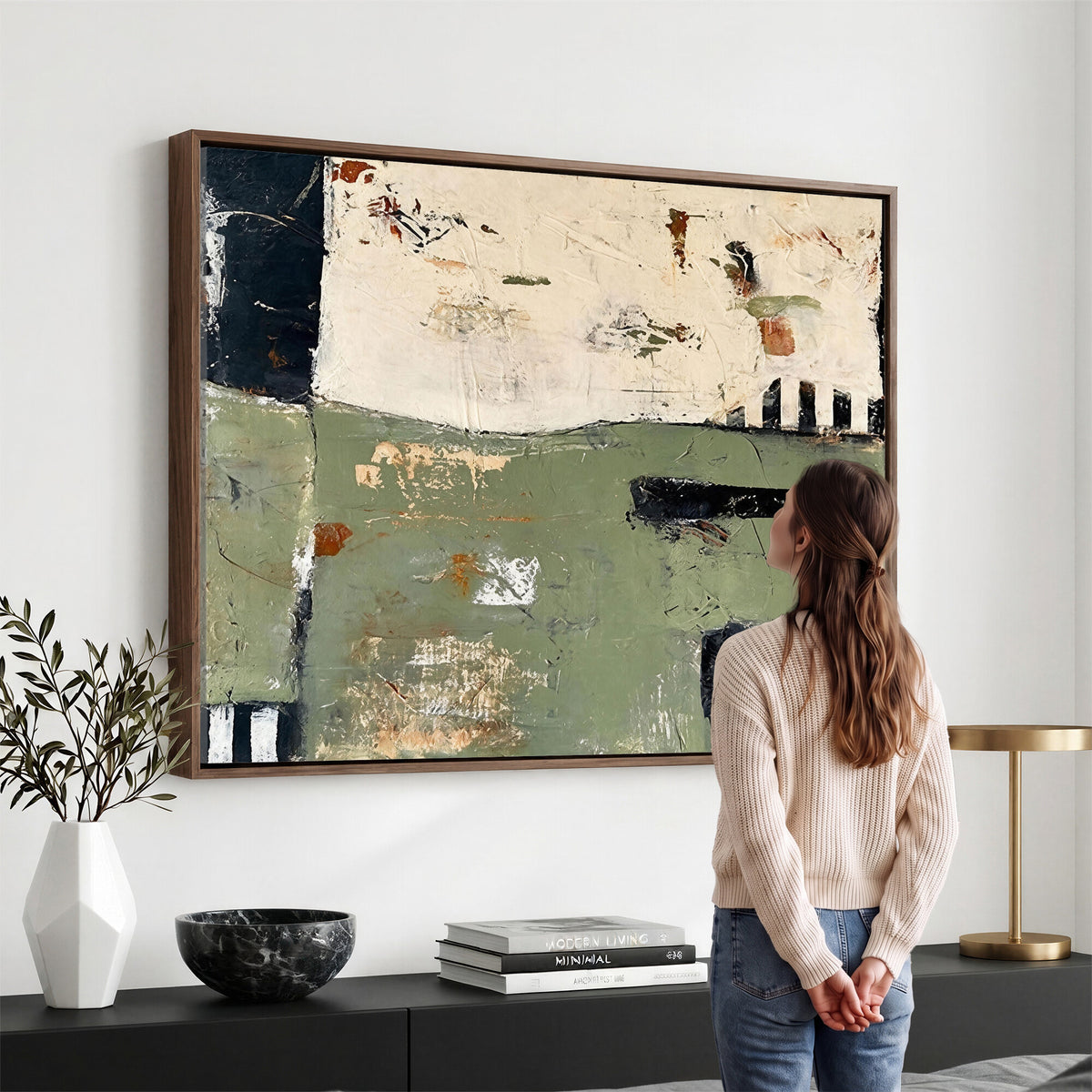 77942087-MGV-CV-36X24 - Sage Green Abstract Geometric Landscape Wall Art Canvas Print, Modern Minimalist Decor