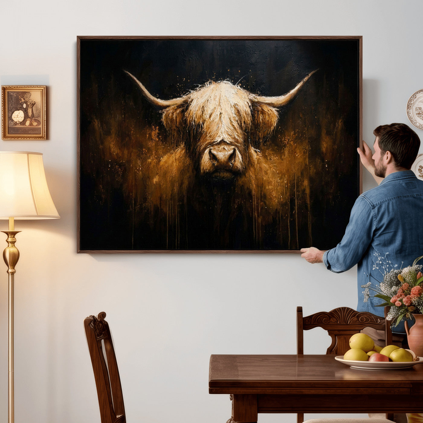 79873059-MGV-CV-36X24 - Rustic Highland Cow Canvas Print Dark Farmhouse Cattle Wall Decor
