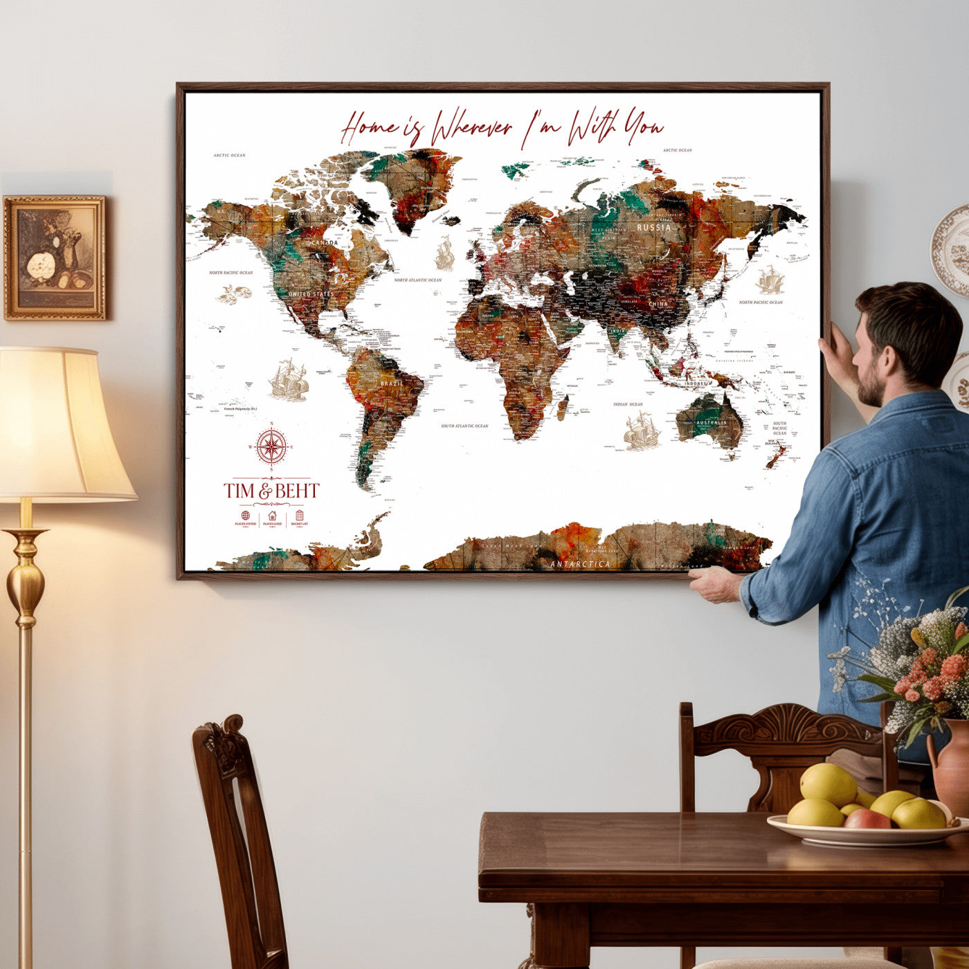 116MESUT-MGV-CV-36X24 - Custom Push Pin World Map Canvas Print – Personalized Travel Map Wall Art