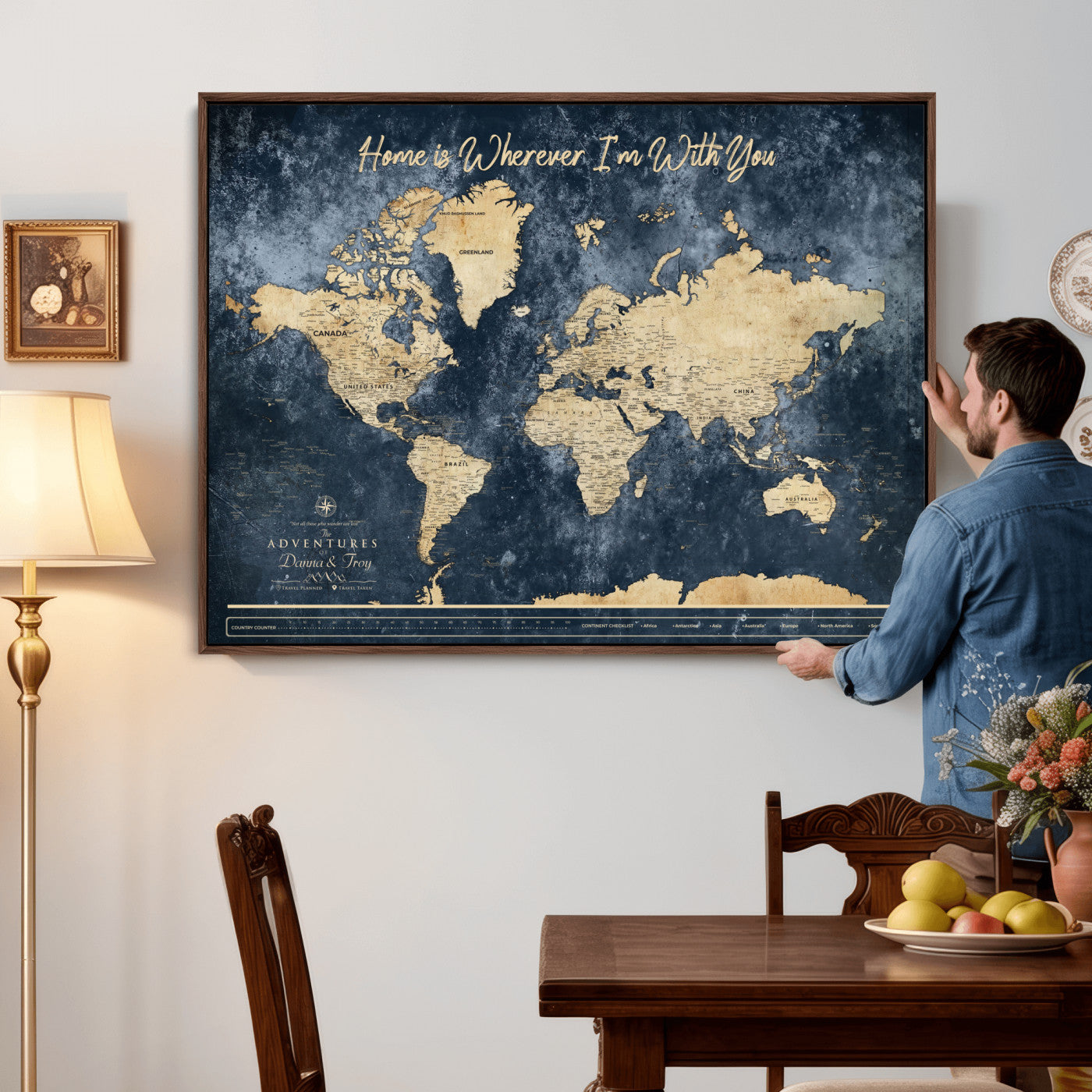 400867BL-MGV-CV-36X24 - Framed Blue Custom Push Pin World Map Canvas Print – Personalized Travel Map Wall Art