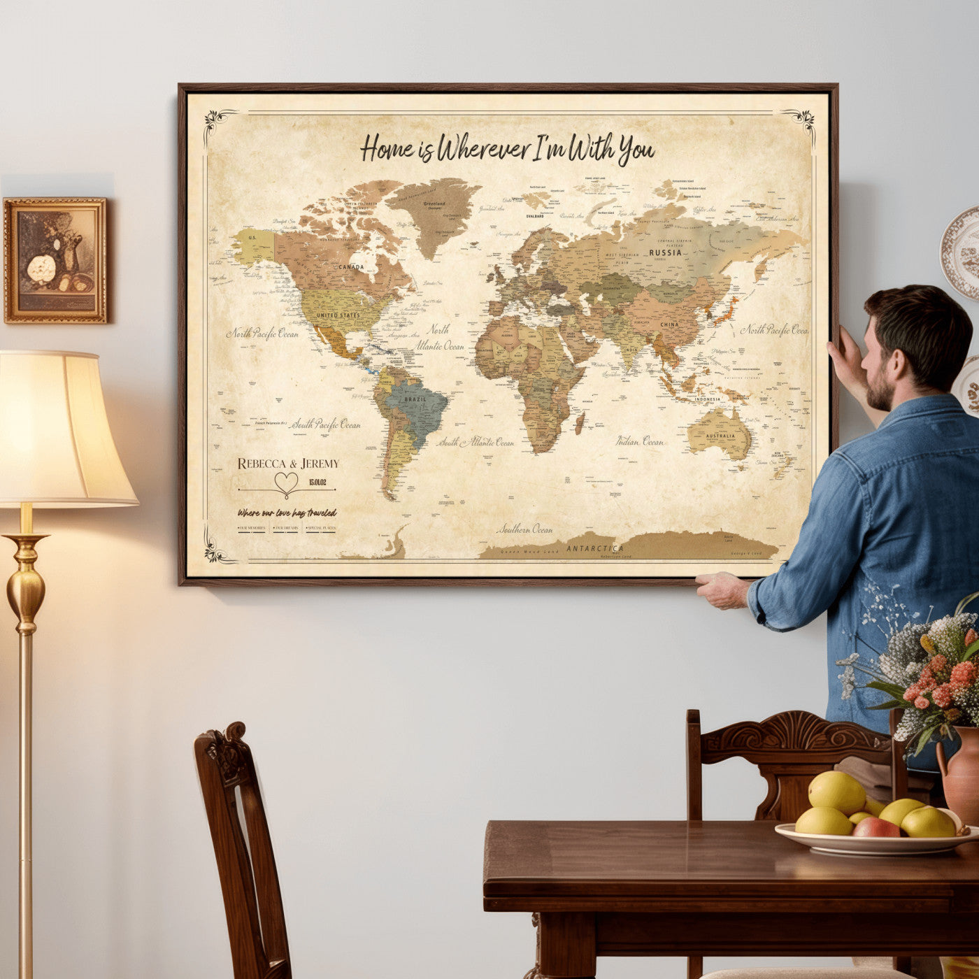 40086165-MGV-TP-30X20 - Framed Vintage Custom Push Pin World Map Canvas Print – Personalized Travel Map Wall Art