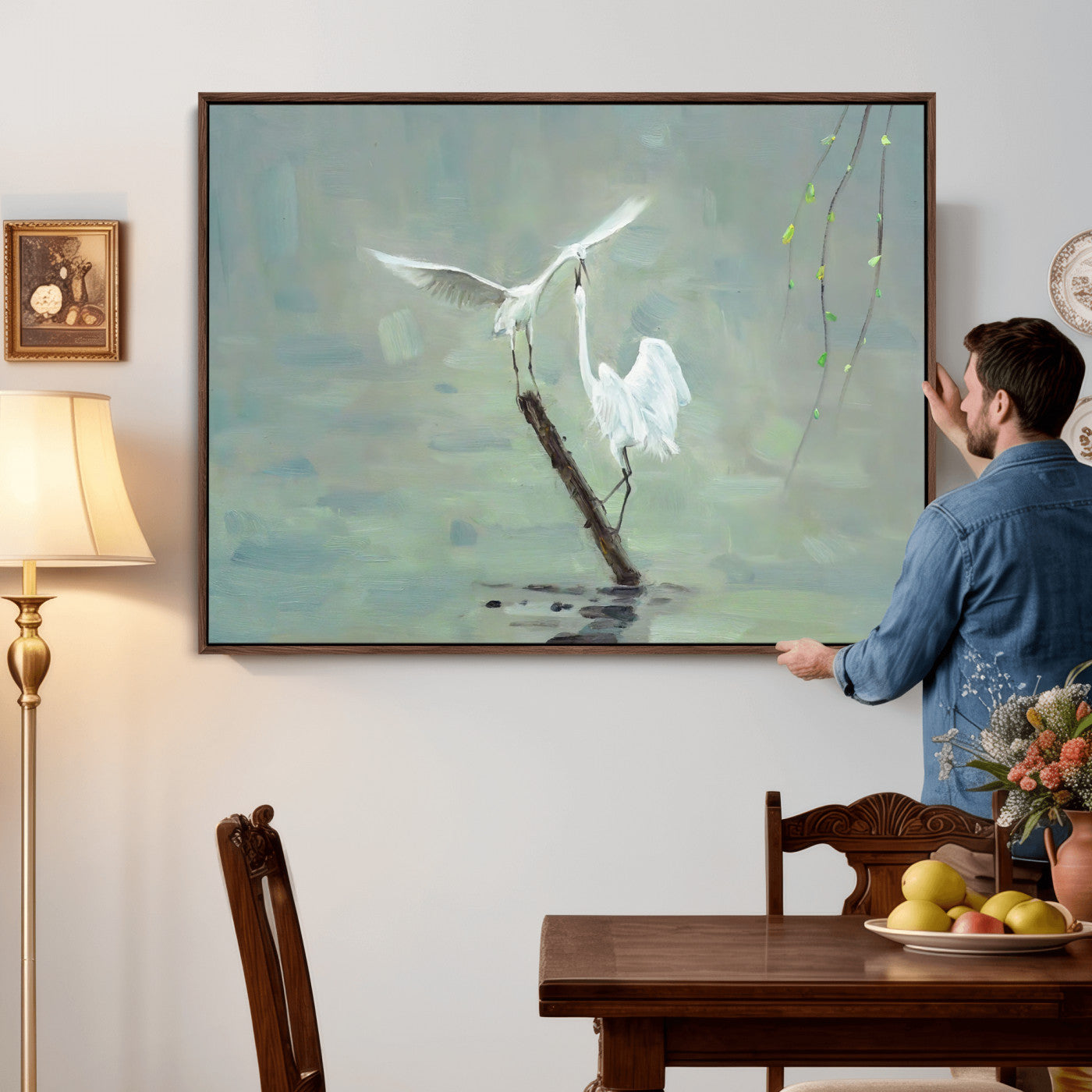 91124838-MGV-CV-36X24 - Two White Egrets on Marsh Branch Wall Art Canvas Print - Vintage Style Coastal Bird Poster