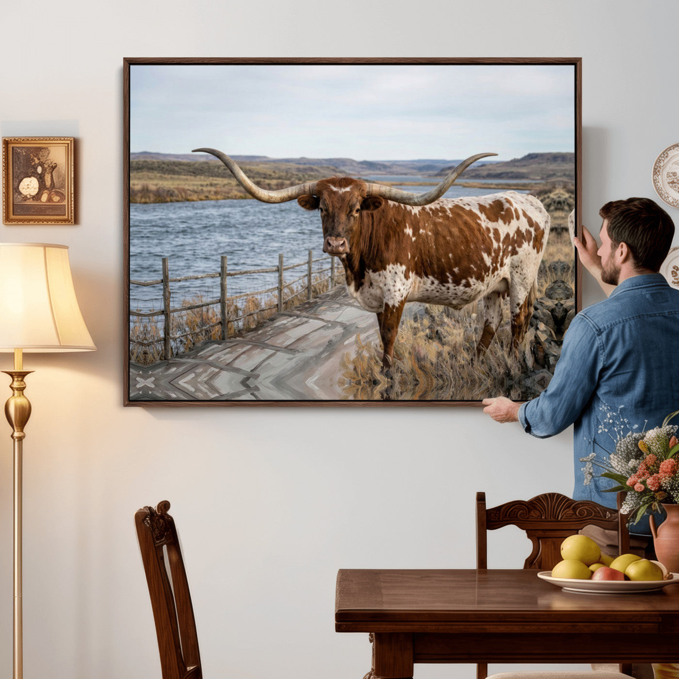 91575949-MGV-CV-36X24 - Texas Longhorn Cattle in Desert Pasture Wall Art Canvas Print - Rustic Western Decor
